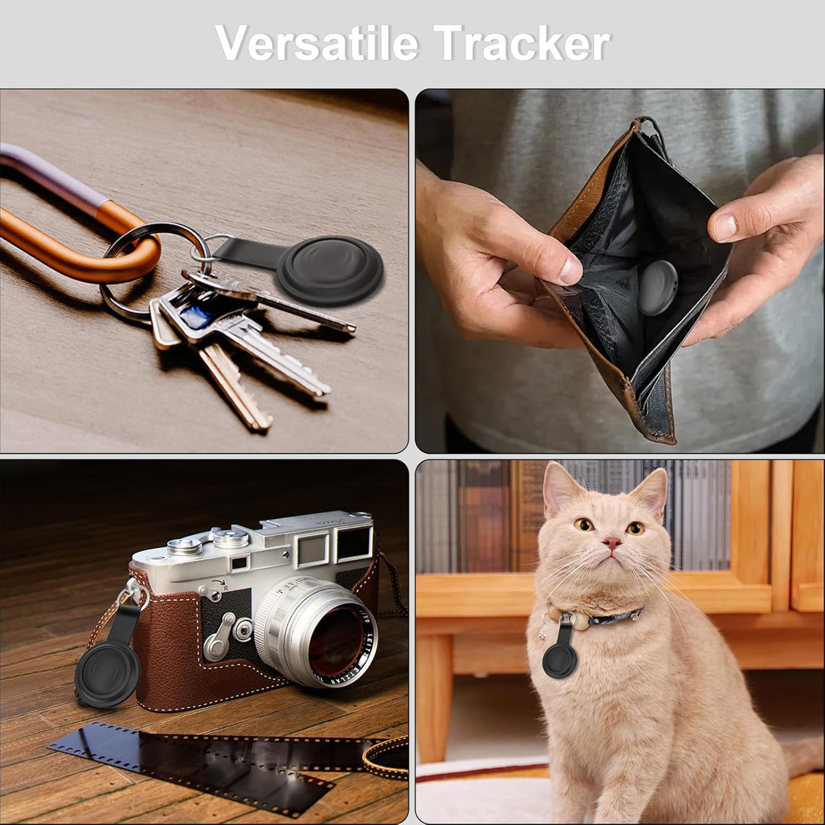 Ein vielseitiger Tracker wird an Schlüsseln, in einer Brieftasche, an einer Kamera und am Halsband einer Katze gezeigt. Der Tracker ist klein und schwarz.