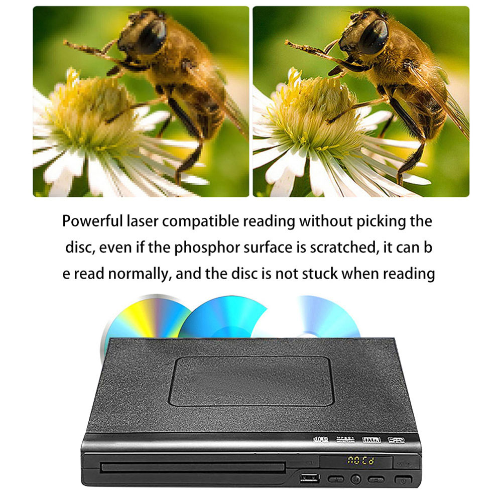 Eine Biene auf einer Blüte, darunter ein DVD-Player. Der Text besagt, dass zerkratzte Discs gelesen werden können.
