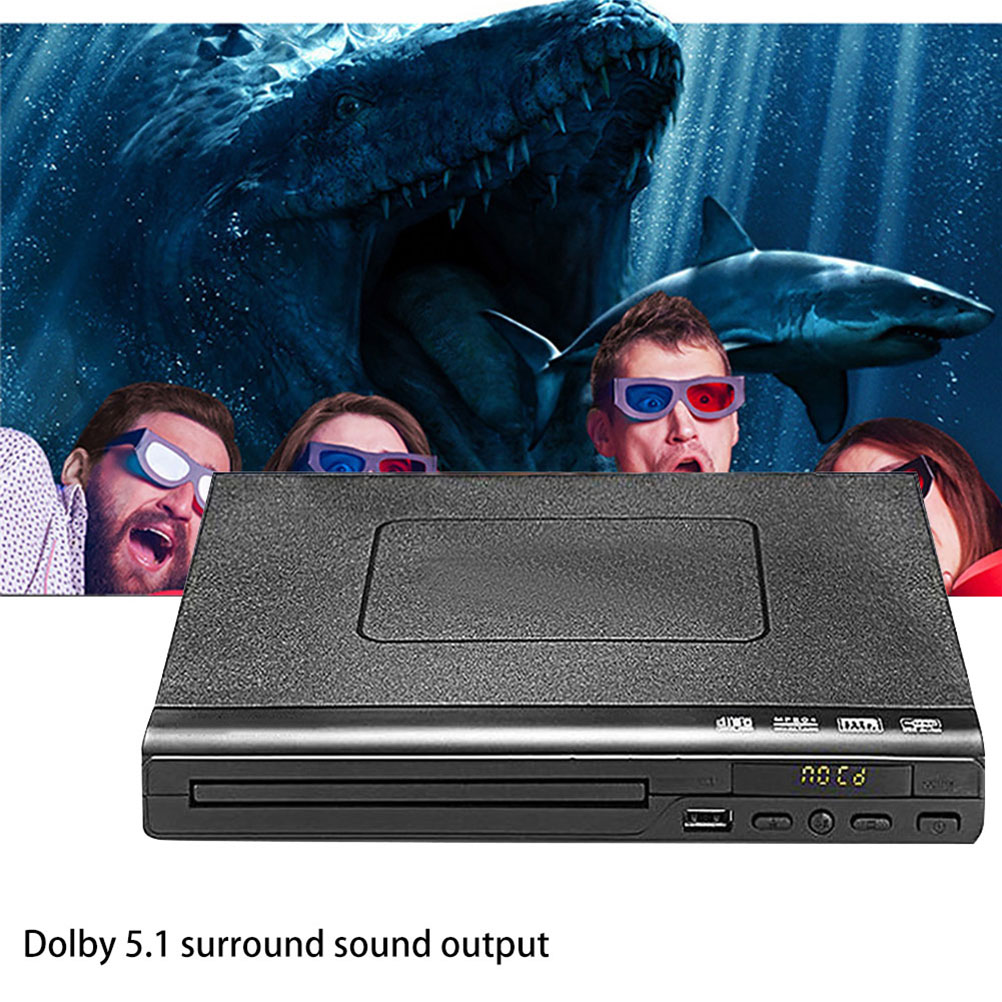 Schwarzer DVD-Player mit Personen, die 3D-Brillen tragen und einen Dinosaurier und einen Hai betrachten. Dolby 5.1 Surround Sound.