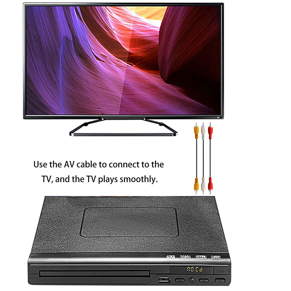 Ein Fernsehbildschirm zeigt ein farbenfrohes Bild über einem DVD-Player. AV-Kabel sind mit dem Fernseher und dem Player verbunden.