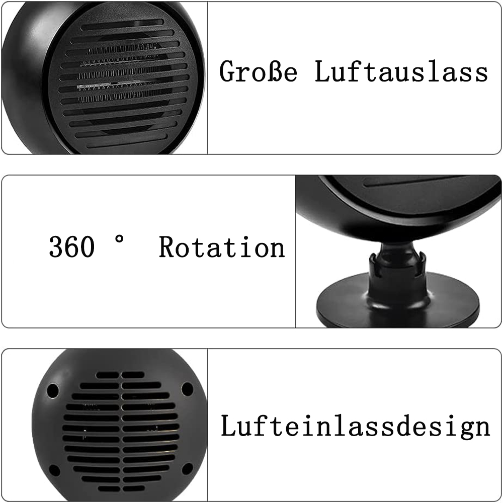 Schwarzes Gerät mit Lufteinlass und -auslass. Merkmale umfassen 360° Drehung. Text: Großer Luftauslass, Lufteinlass-Design.