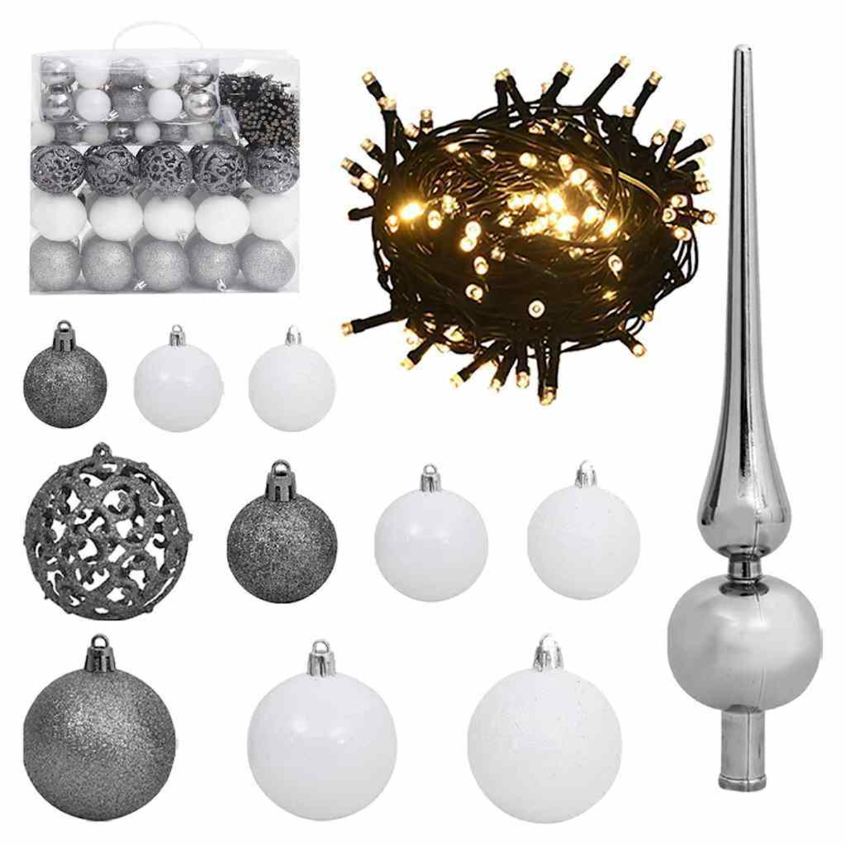 Weihnachtsschmuck: Kugeln in Silber und Weiß, eine Baumspitze und eine Lichterkette. Verschiedene Formen und Größen.