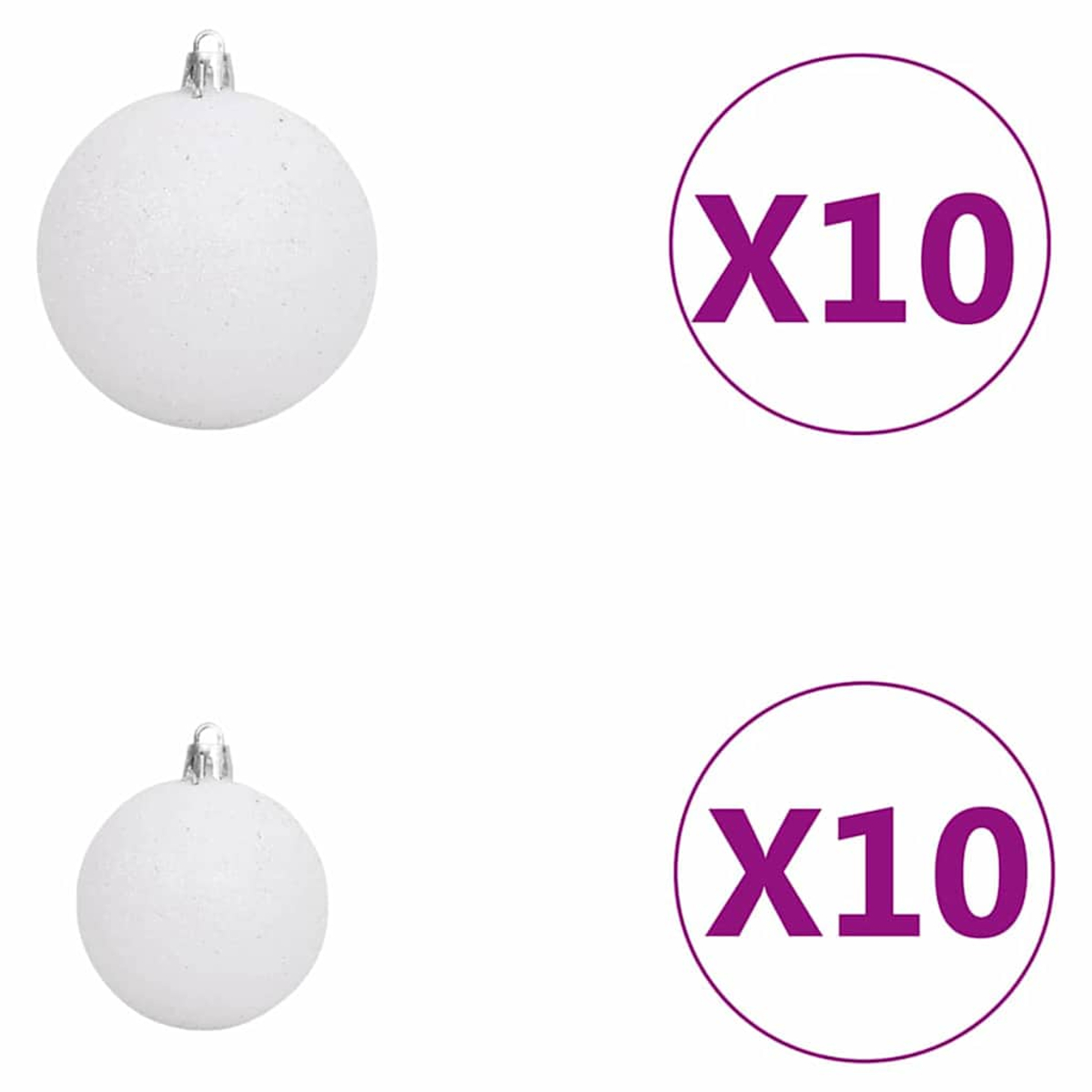 Zwei weiße, glitzernde Weihnachtsbaumkugeln, je 10 Stück.