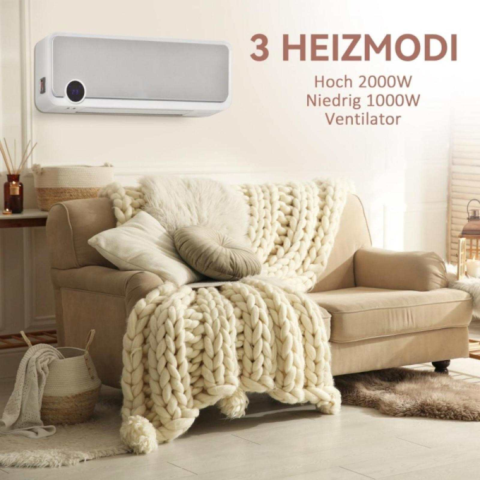 Eine Wohnzimmerszene mit Sofa, Strickdecke und Klimaanlage an der Wand. Auf dem Sofa liegen Kissen.
