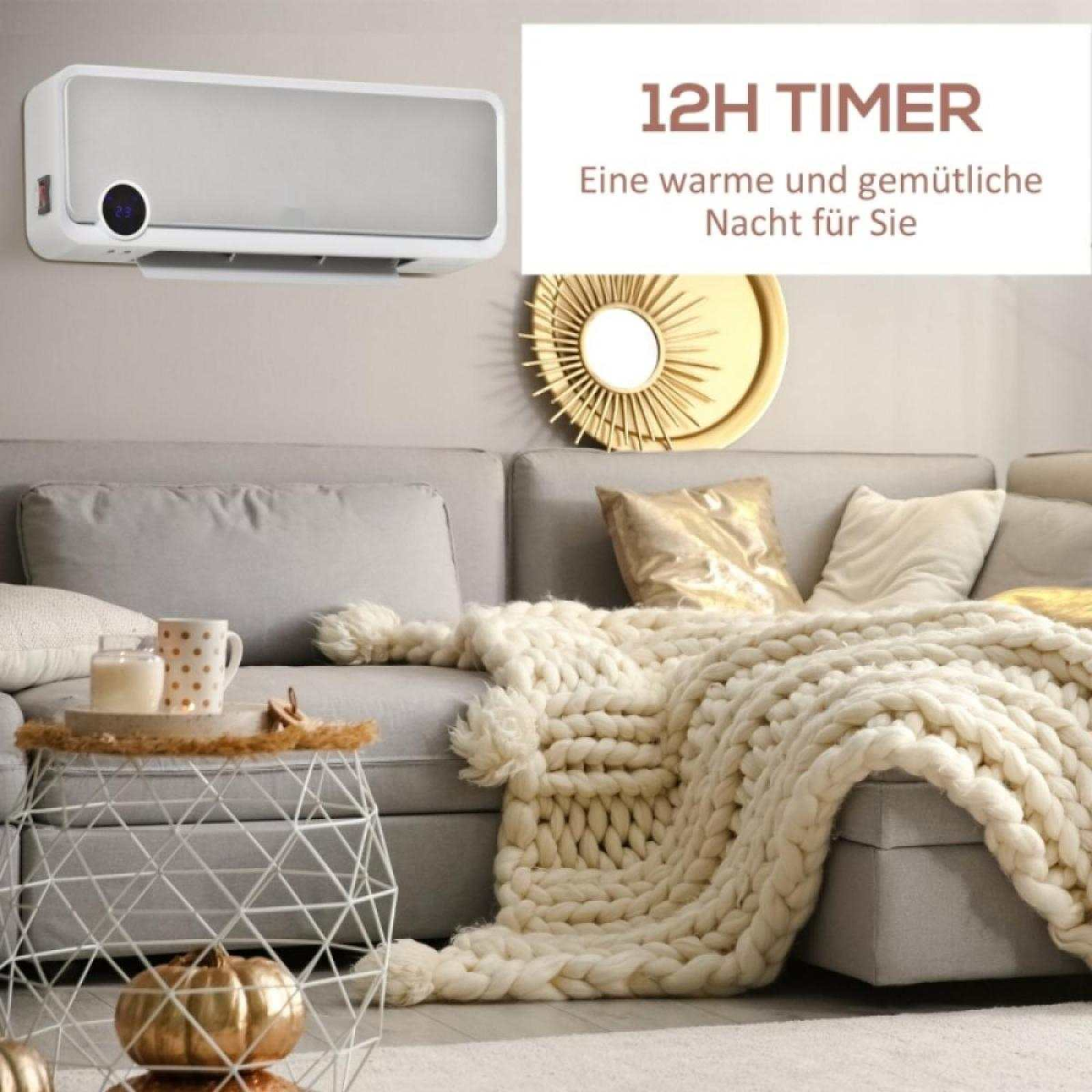 Ein Wohnzimmer mit grauem Sofa, weißer Decke und Wandheizung. Ein kleiner Tisch mit Kürbis davor.