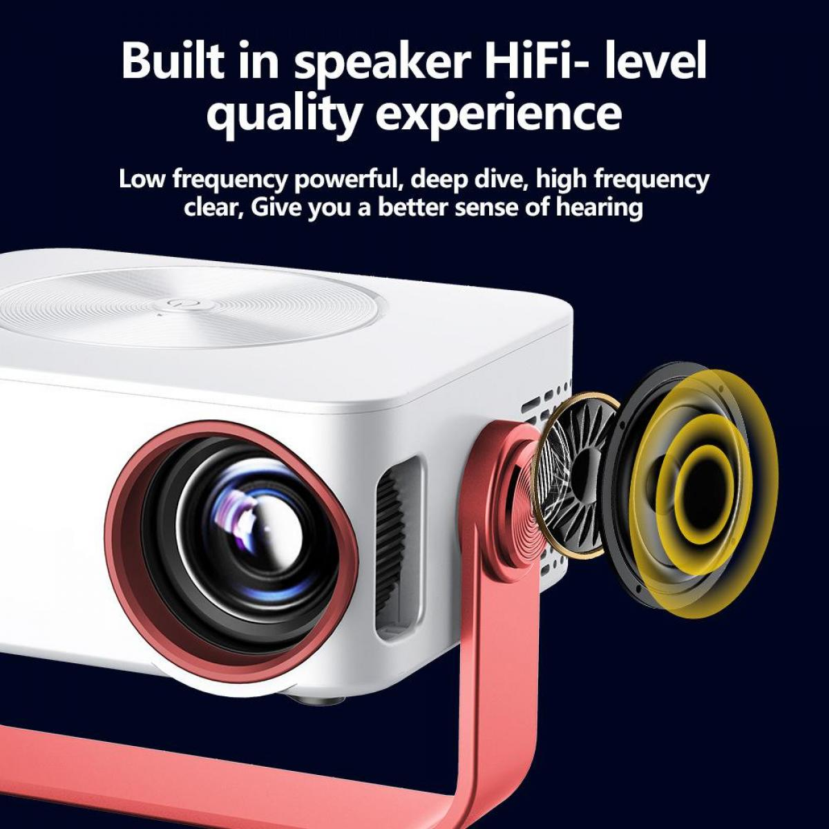 Ein weißer Projektor mit roten Akzenten, Lautsprecherkomponenten sind abgebildet. Text lautet: 'Eingebauter HiFi-Lautsprecher – Qualitätserlebnis'.