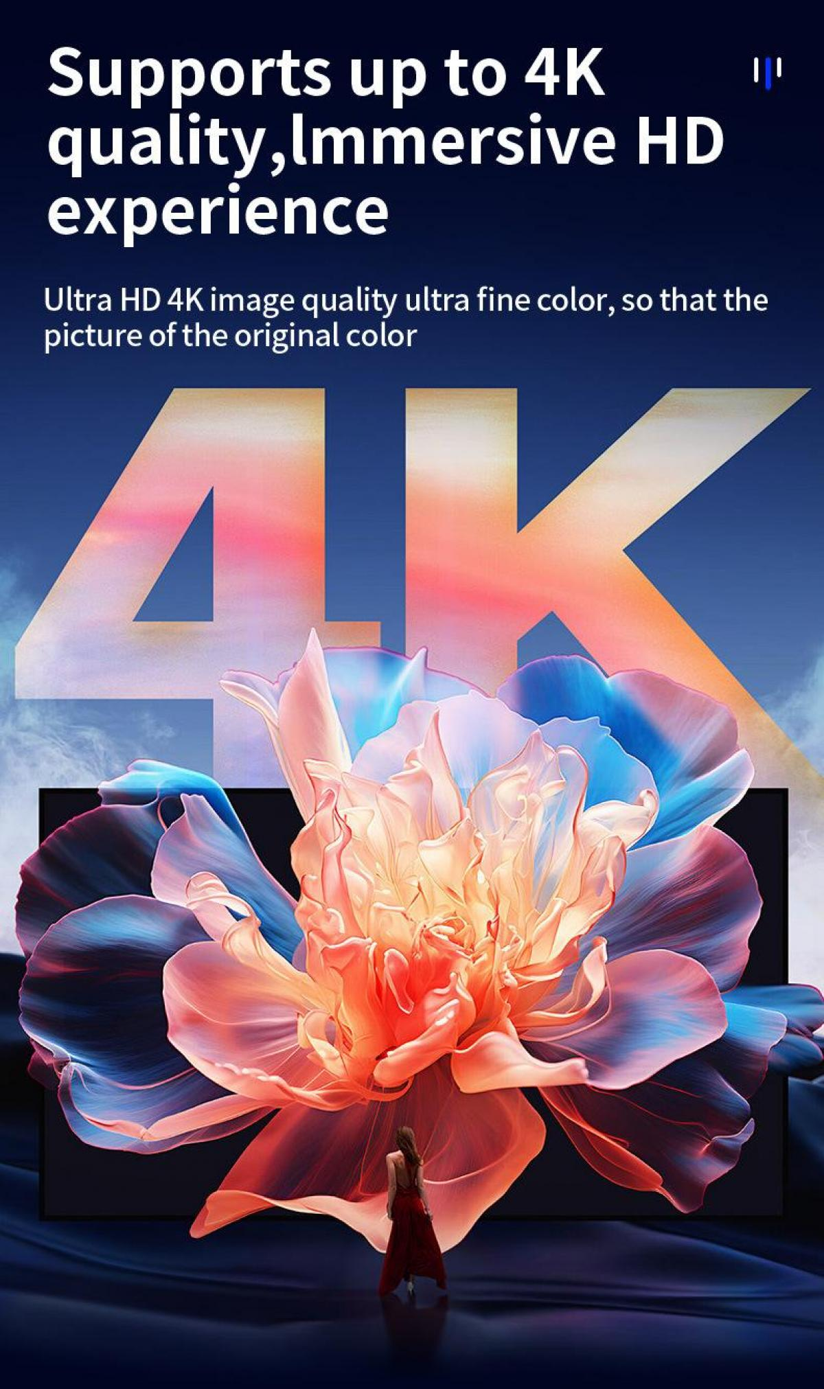 Werbung für 4K-Qualität. Eine Frau in einem roten Kleid steht vor einer großen Blume mit einer großen '4K'-Grafik.