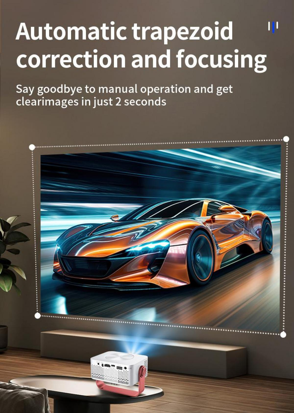 Ein Projektor zeigt ein Autobild. Text: Automatische Trapezkorrektur. Ein Projektor steht auf einem Tisch und projiziert das Bild.