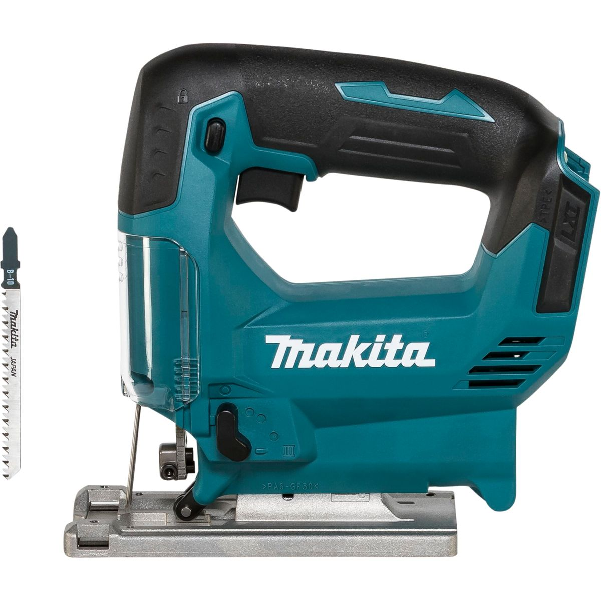 Eine teal-schwarze Makita Stichsäge mit einer Klinge und einem Sägeblatt daneben. Das Markenlogo ist sichtbar.