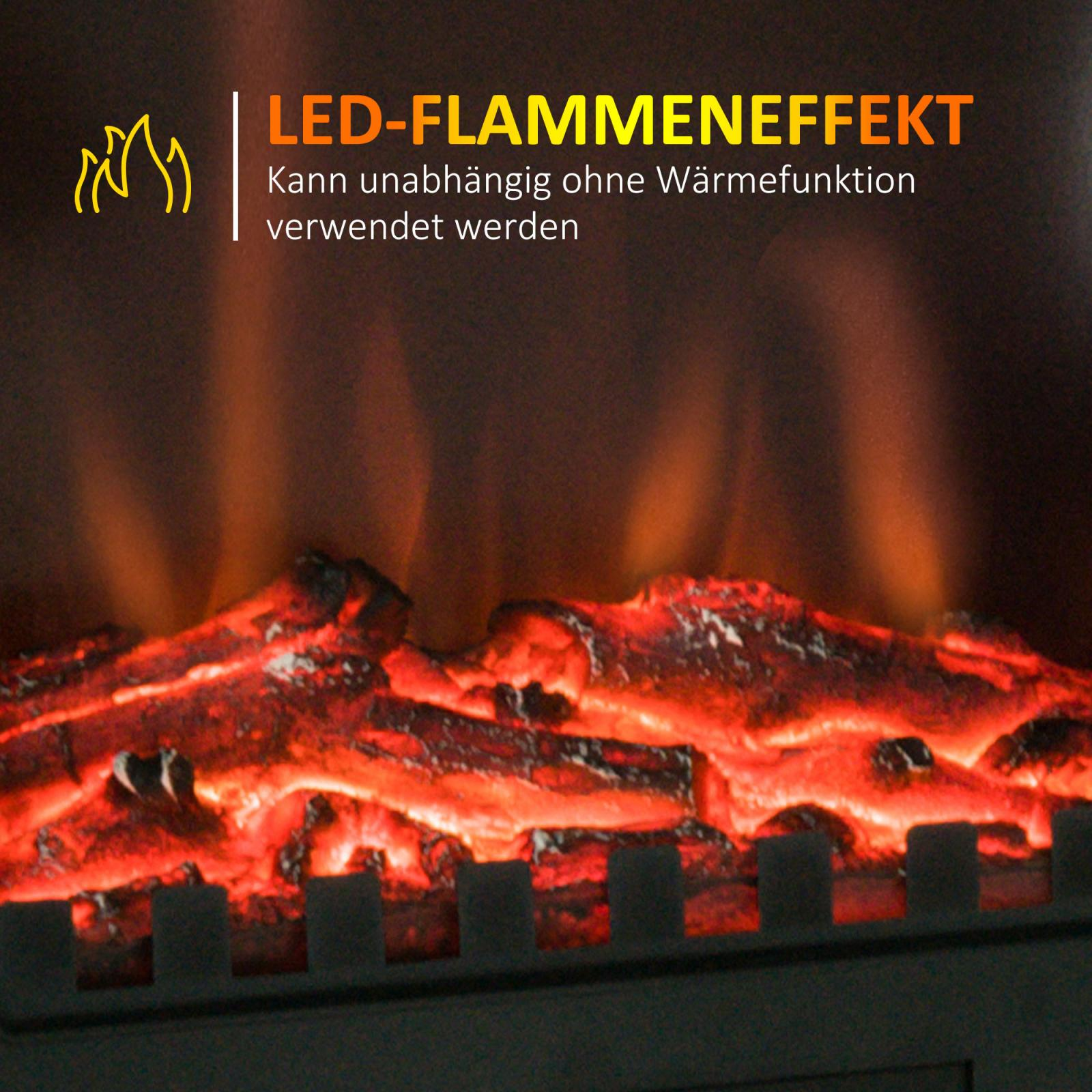 Ein Kamin mit rot glühenden Glut. Die Worte LED-FLAMMENEFFEKT sind über den Flammen sichtbar.