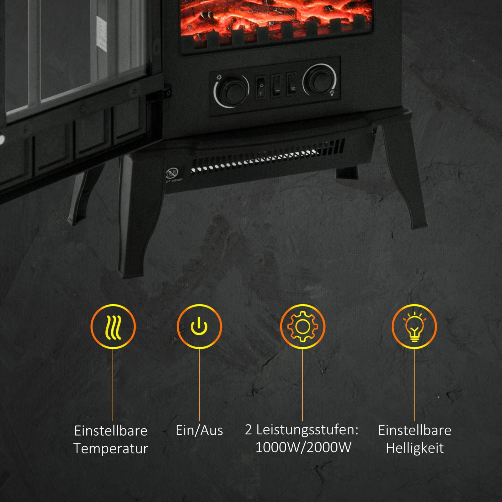 Schwarzer Elektrokamin mit Bedienelementen und Symbolen für Temperatur, Leistung, Einstellungen. Feuersimulation sichtbar.