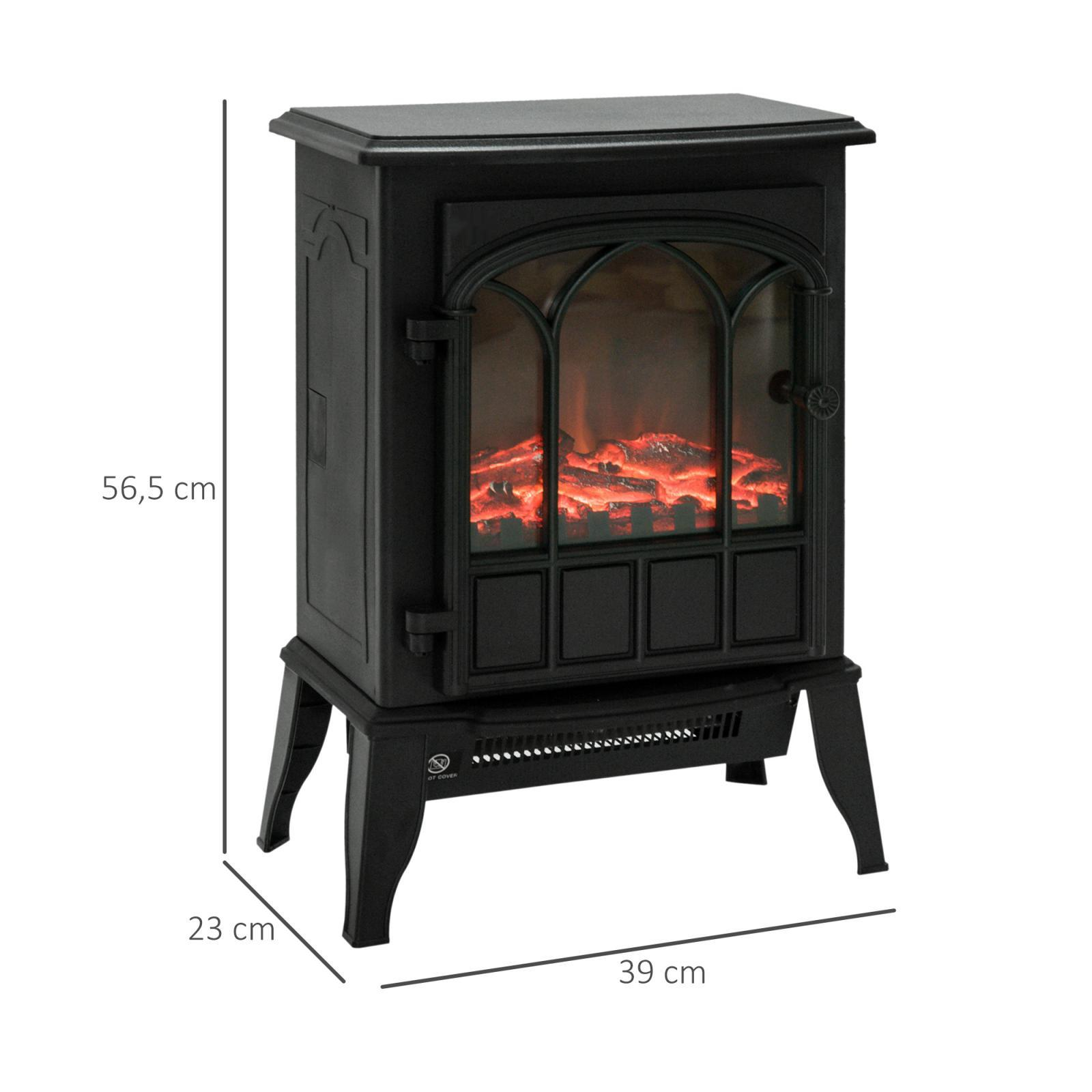 Schwarzer Elektrokamin mit künstlichen Flammen. Abmessungen: 56,5 cm hoch, 39 cm breit und 23 cm tief.