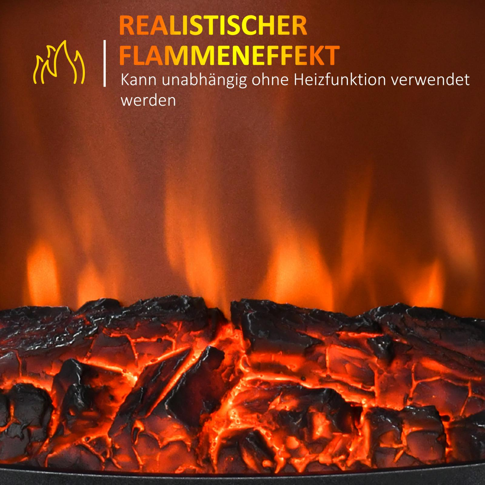 Ein elektrischer Kamin mit realistischer Flammenwirkung, glühenden Glut und dunklem Hintergrund.