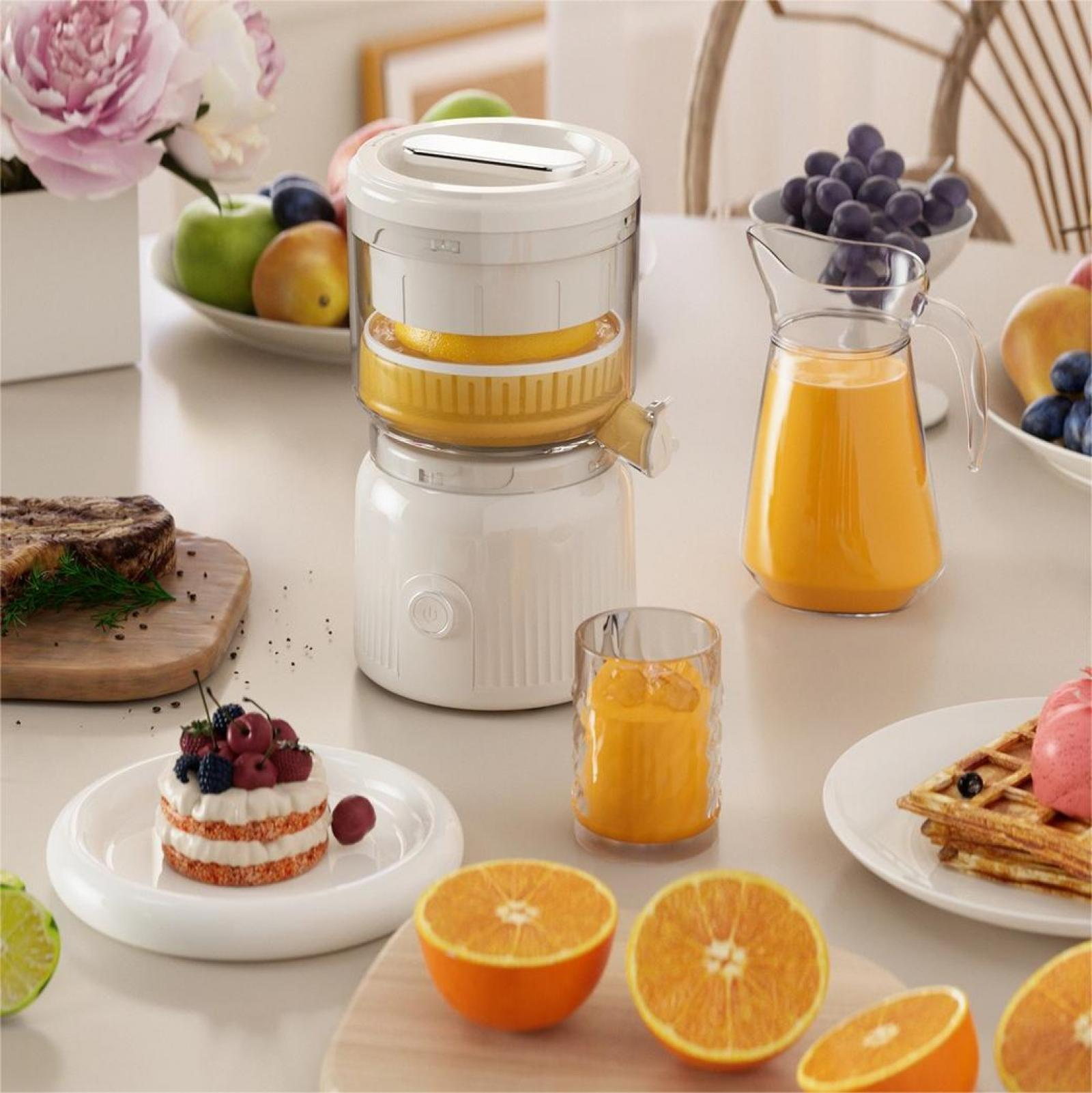 Ein Tisch ist mit Saft, Obst und Kuchen gedeckt. In der Mitte steht ein Entsafter. Orangen sind geschnitten. Blumen im Hintergrund.