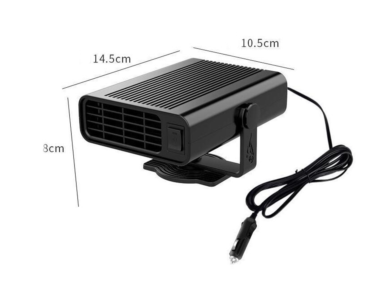 Eine schwarze Autoheizung mit markierten Abmessungen. Sie hat ein Netzkabel und einen Zigarettenanzünderstecker.