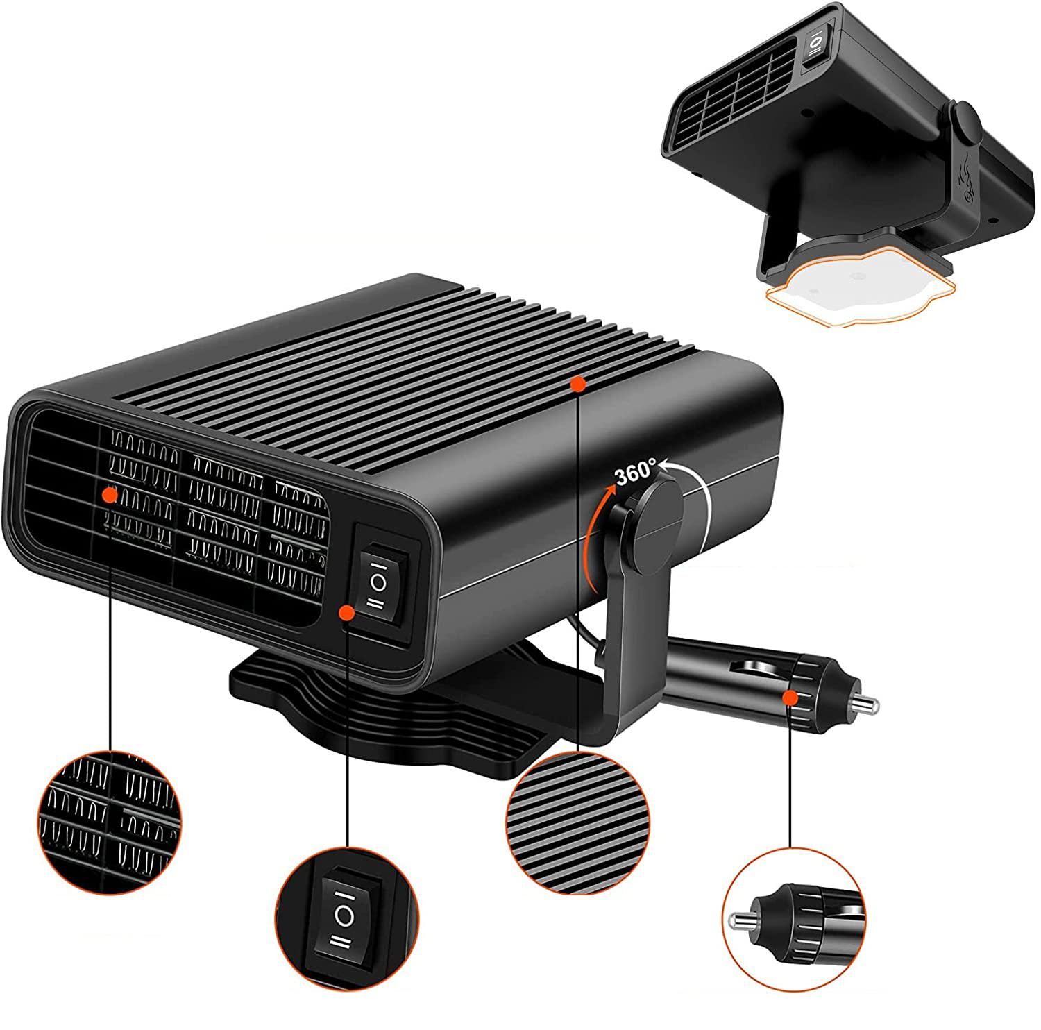 Ein schwarzes Autoheizgerät mit 360°-Drehbasis. Es hat einen Netzschalter und einen Zigarettenanzünderstecker.