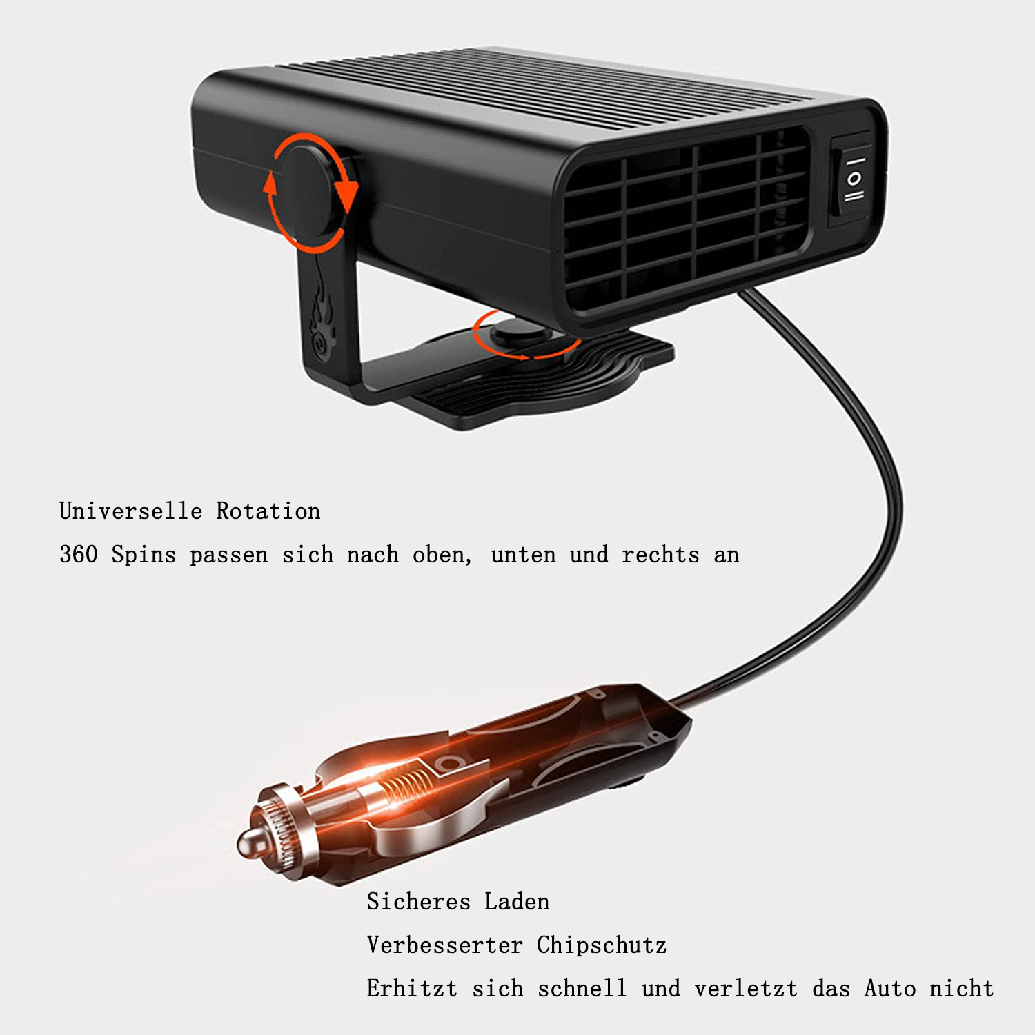 Schwarze Autoheizung mit Netzstecker. Pfeile zeigen die Drehung. Text: Universelle Drehung, sicheres Laden, Chipschutz. Erhitzt schnell, schadet dem Auto nicht.
