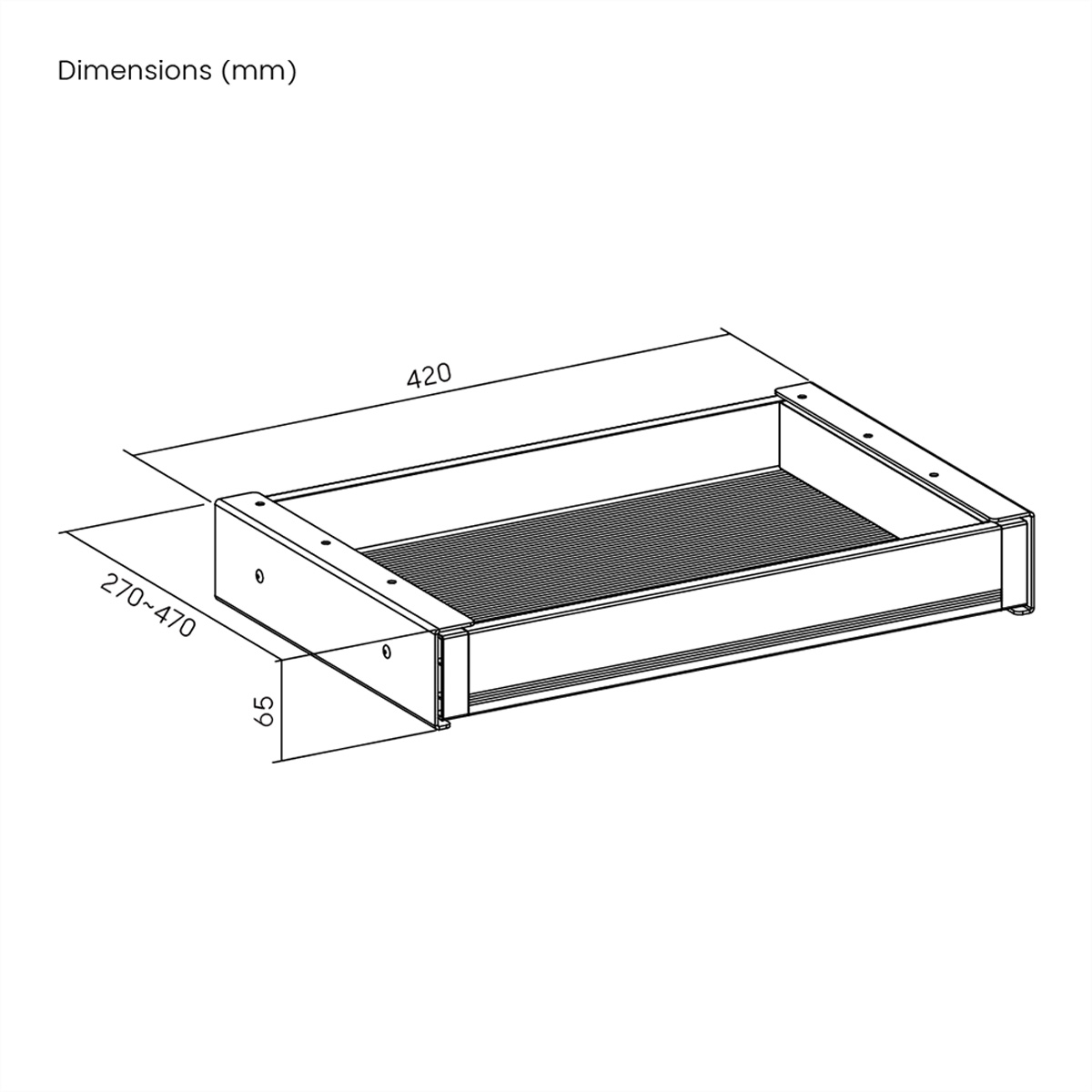 Vista isometrica di un vassoio rettangolare, interno nero, dimensioni etichettate. Il vassoio è lungo 420 mm, largo 270-470 mm e alto 65 mm.