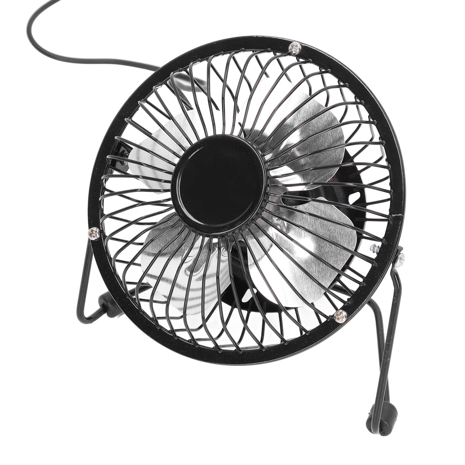 Ein kleiner schwarzer Schreibtischventilator mit Drahtkäfig und silbernen Flügeln auf weißem Hintergrund.