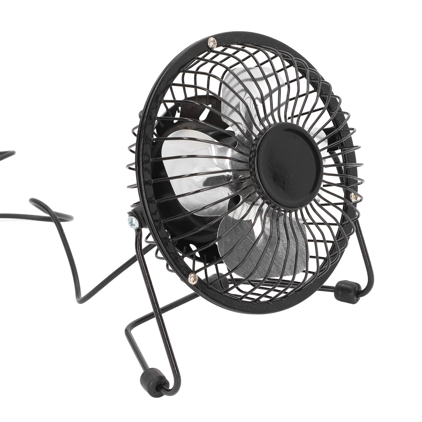 Ein kleiner schwarzer Schreibtischventilator mit Drahtkäfig und Ständer auf weißem Hintergrund. Die Lüfterblätter sind sichtbar.