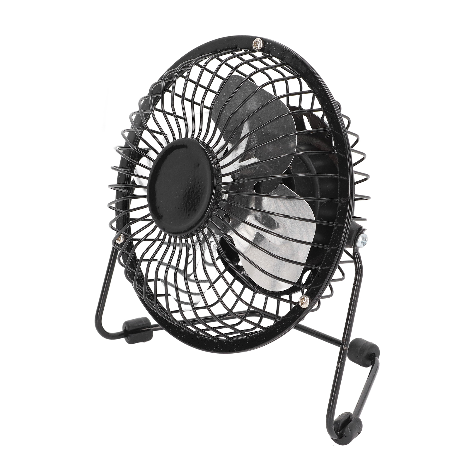 Ein schwarzer Metall-Schreibtischventilator mit Käfig und Flügeln auf weißem Hintergrund.