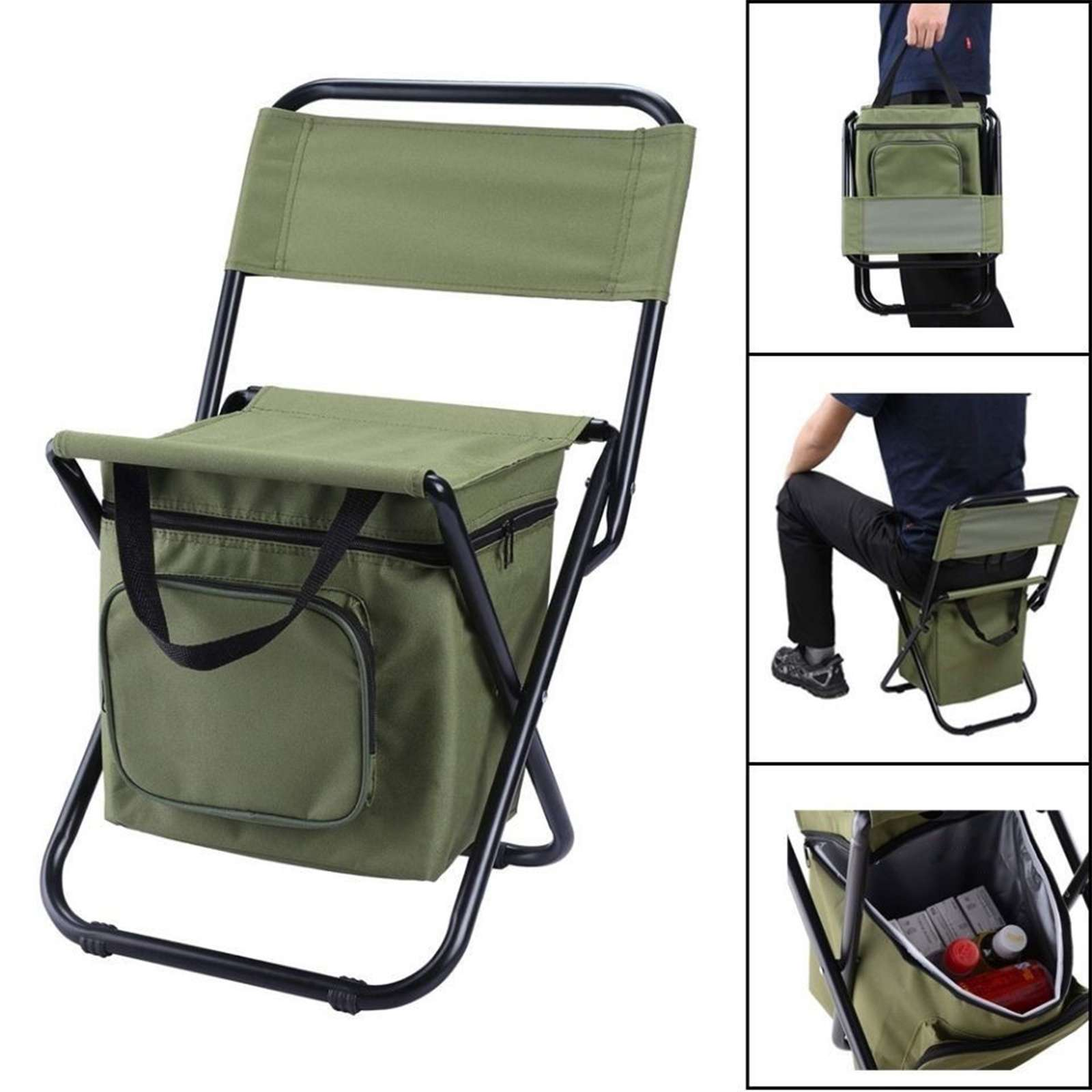 Ein olivgrüner Klappstuhl mit einer Kühltasche. Er wird zusammengeklappt, getragen und benutzt gezeigt. Die Tasche hat eine Tasche.