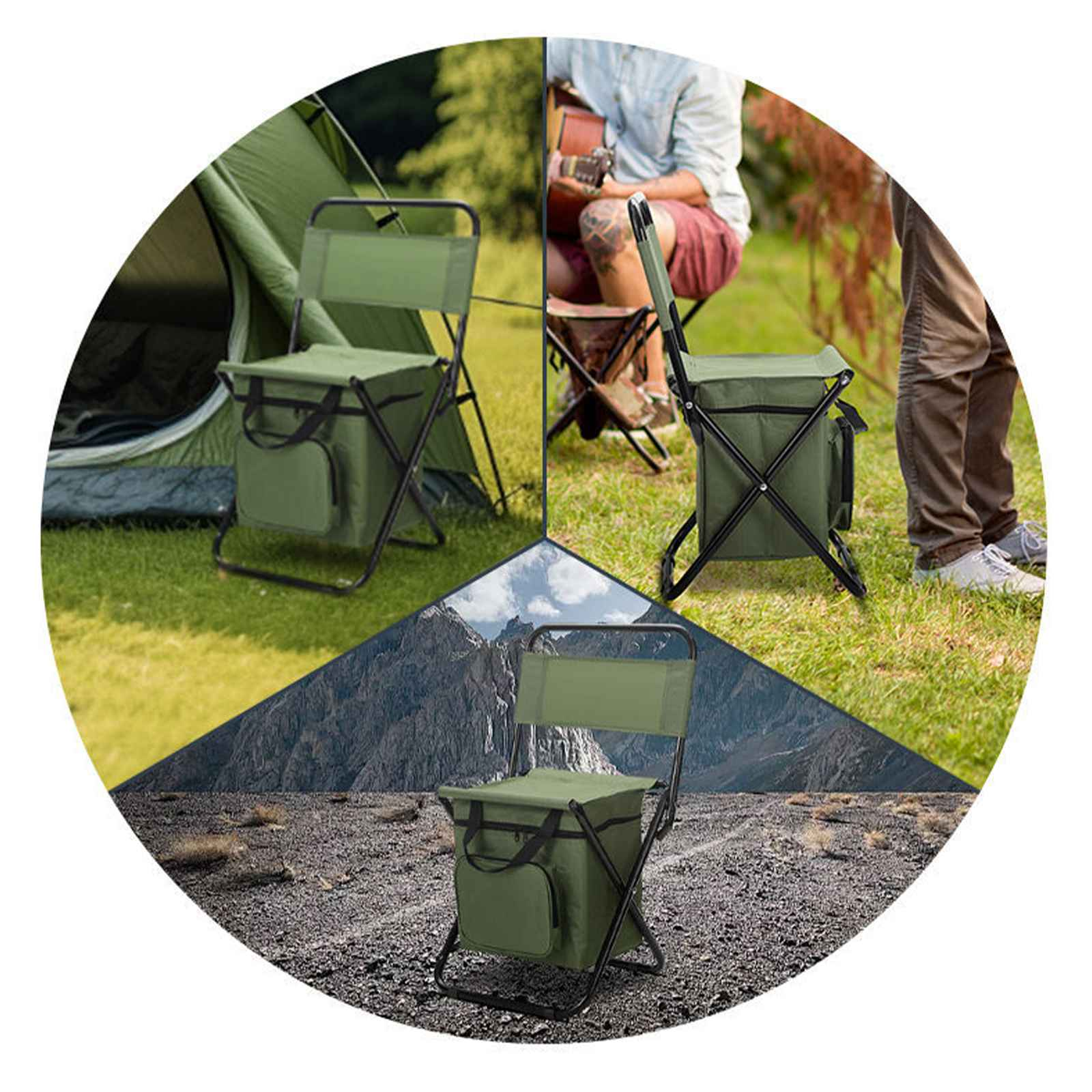 Grüner Campingstuhl mit Kühltasche, in verschiedenen Außenszenen: Zelt, Gras, Person spielt Gitarre und felsiges Gelände.