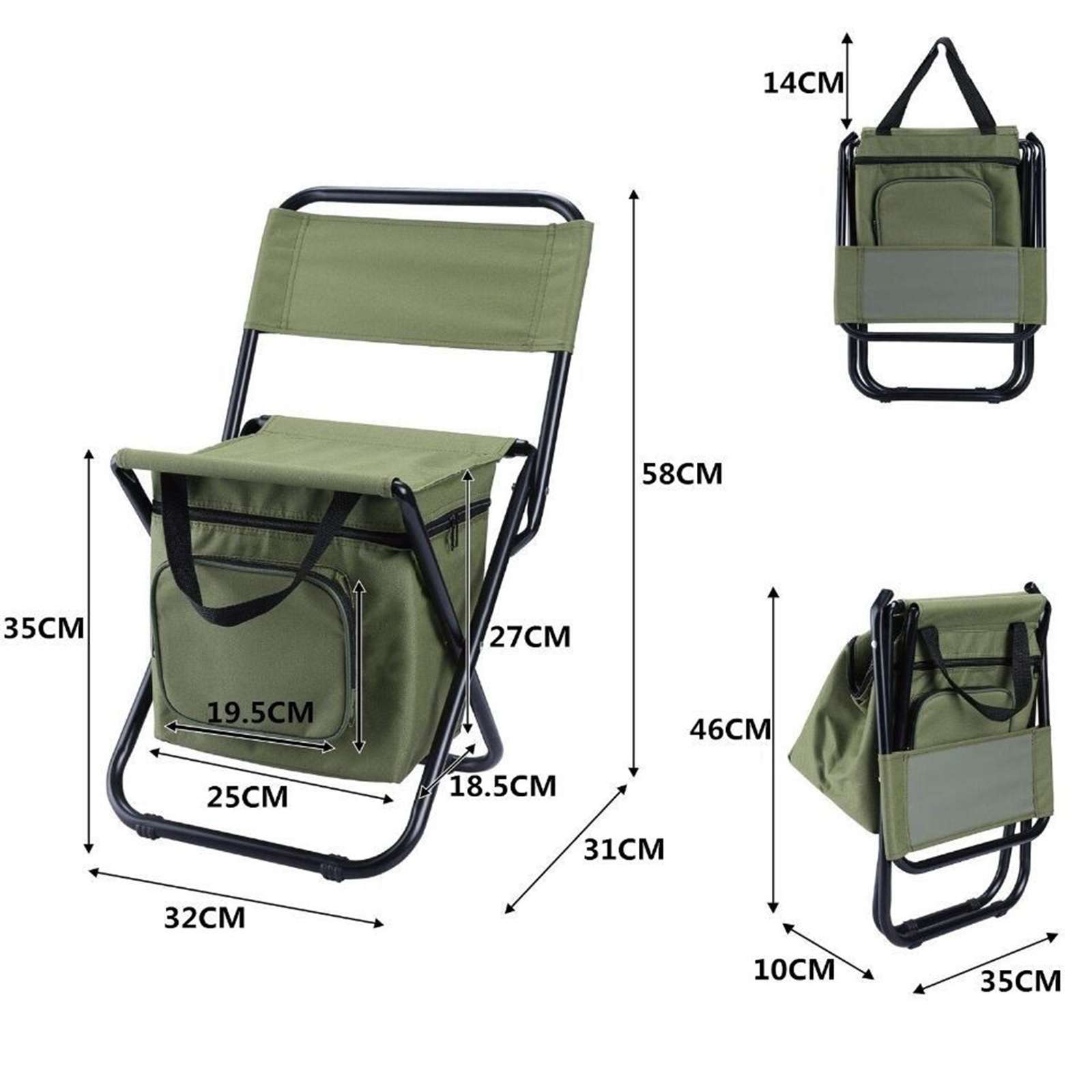 Grüner Klapp-Campingstuhl mit Tasche und Größenangaben. Abmessungen umfassen Stuhlhöhe, -breite und Taschengröße.