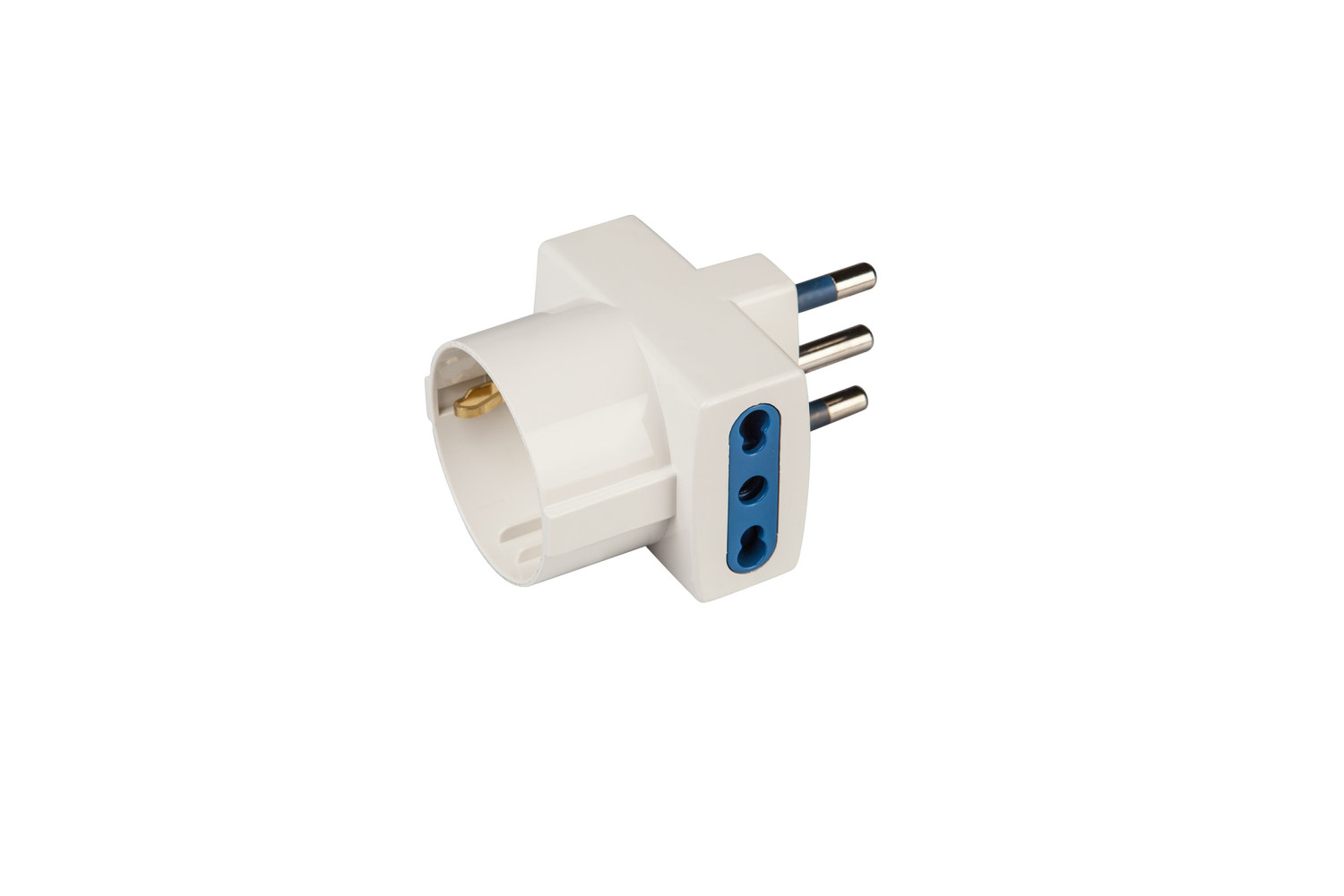 Ein weißer Elektroadapter mit blauen Akzenten und drei Stiften für europäische Stecker. Isoliert auf weißem Hintergrund.