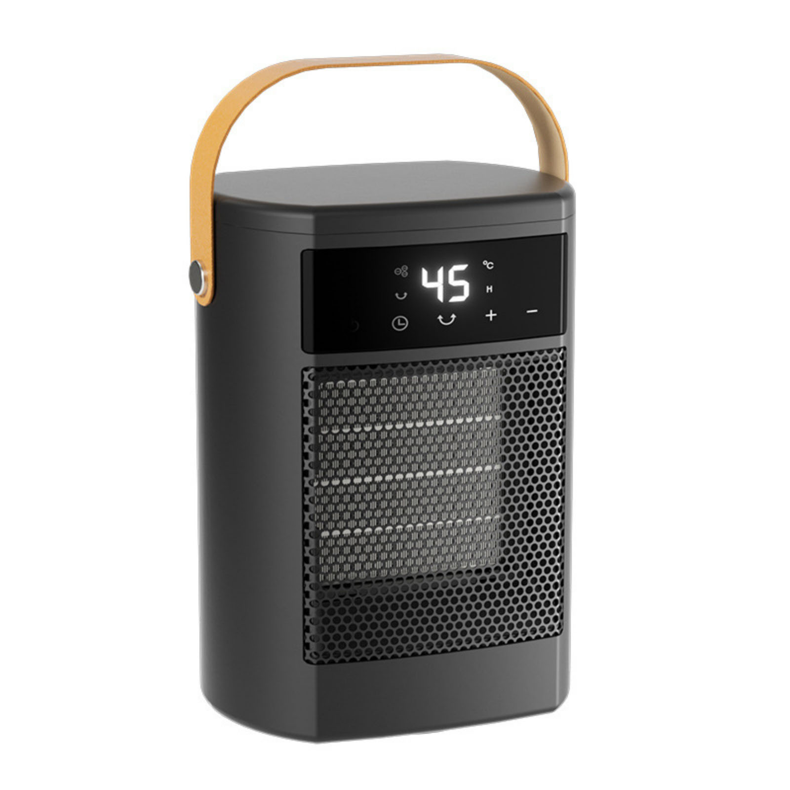 Ein schwarzer Elektroheizer mit gelbem Griff. Es zeigt die Temperatur als 45 Grad an.