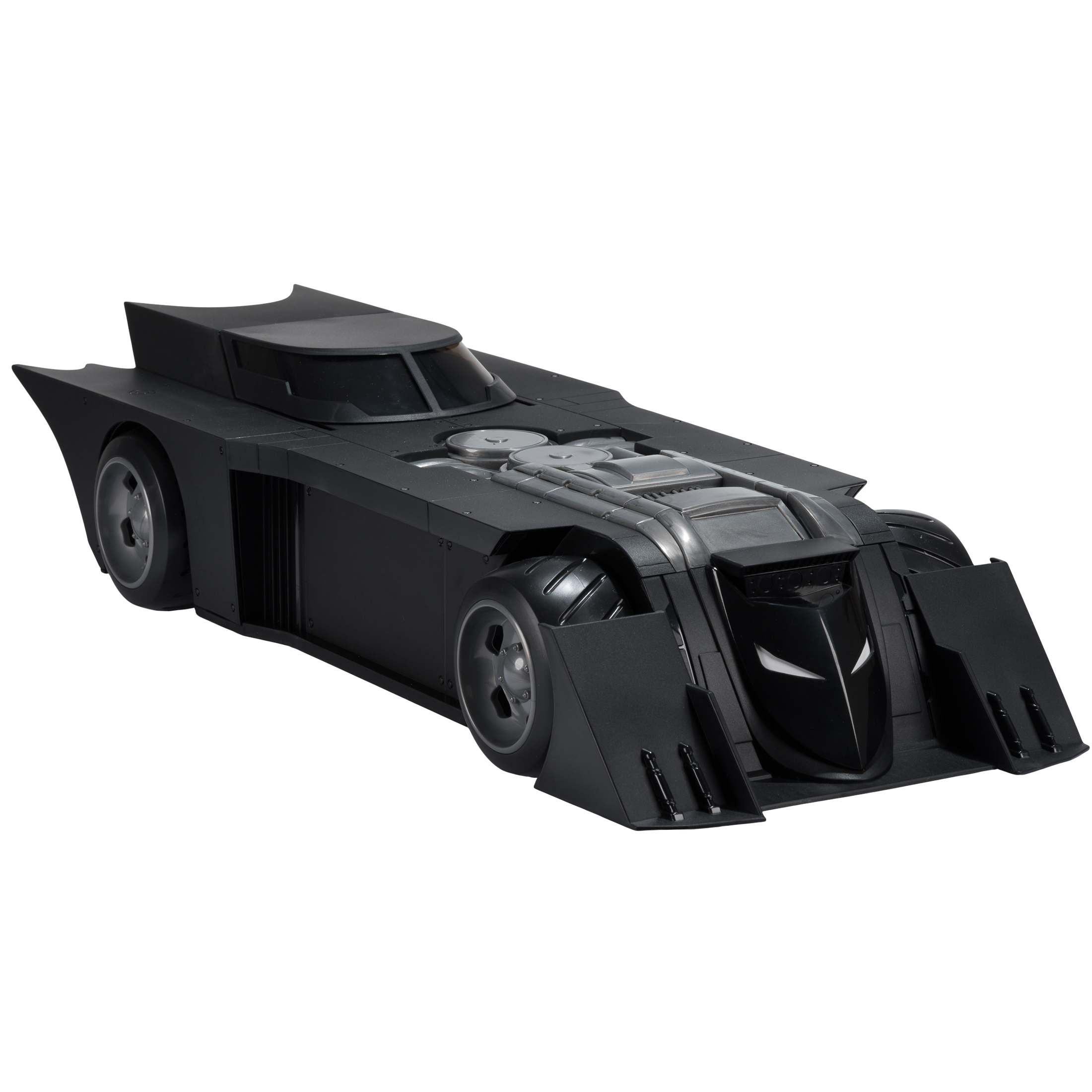 Schwarzes Batmobil-Spielzeugauto. Es hat ein schlankes Design mit großen Reifen, einem flachen Profil und einem stilisierten Frontbereich.