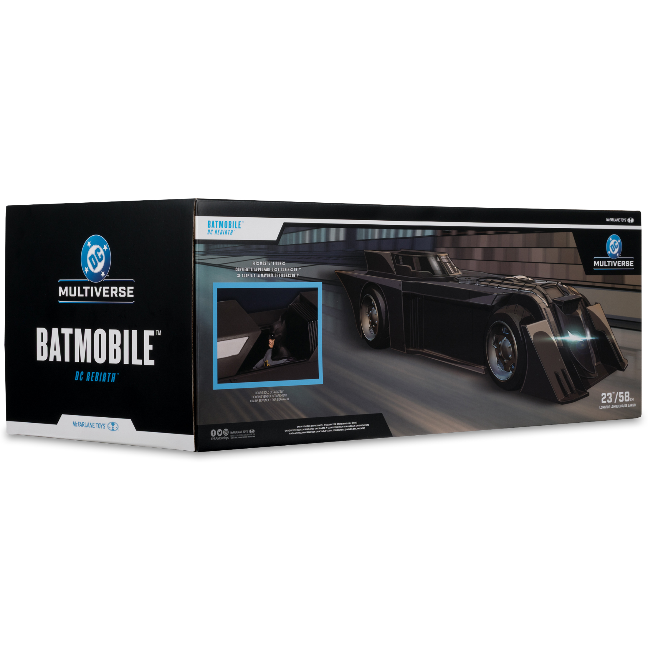 Schachtelkunst für ein Batmobile-Spielzeug. Das Batmobile ist schwarz, und die Schachtel zeigt das DC-Logo und das McFarlane Toys-Branding.