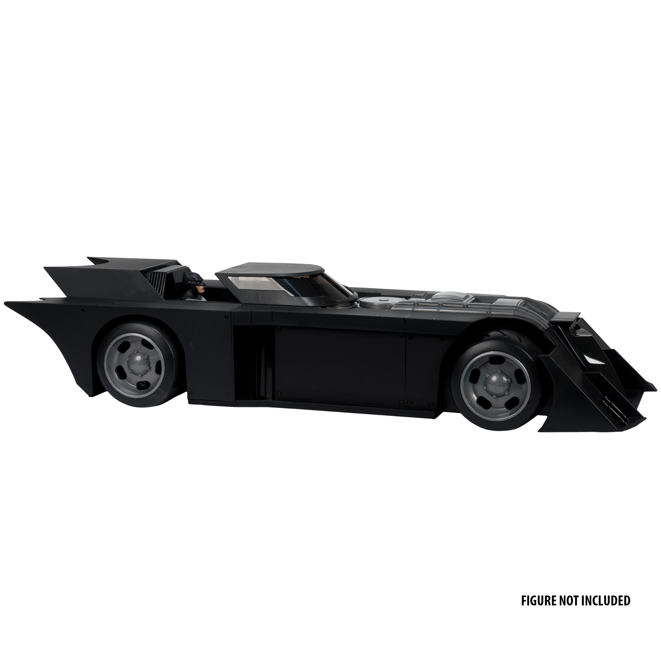 Schwarzes Batmobil-Spielzeug auf weißem Hintergrund. Es hat große Flossen und eine Batman-Figur ist sichtbar.