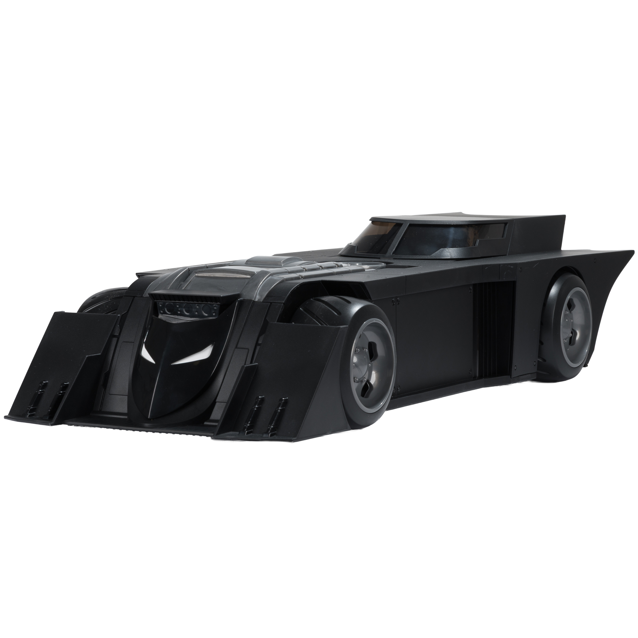 Ein schwarzes Batmobil-Spielzeugauto steht auf weißem Hintergrund. Es hat ein schlankes Design mit großen Frontflossen und einem niedrigen Profil.