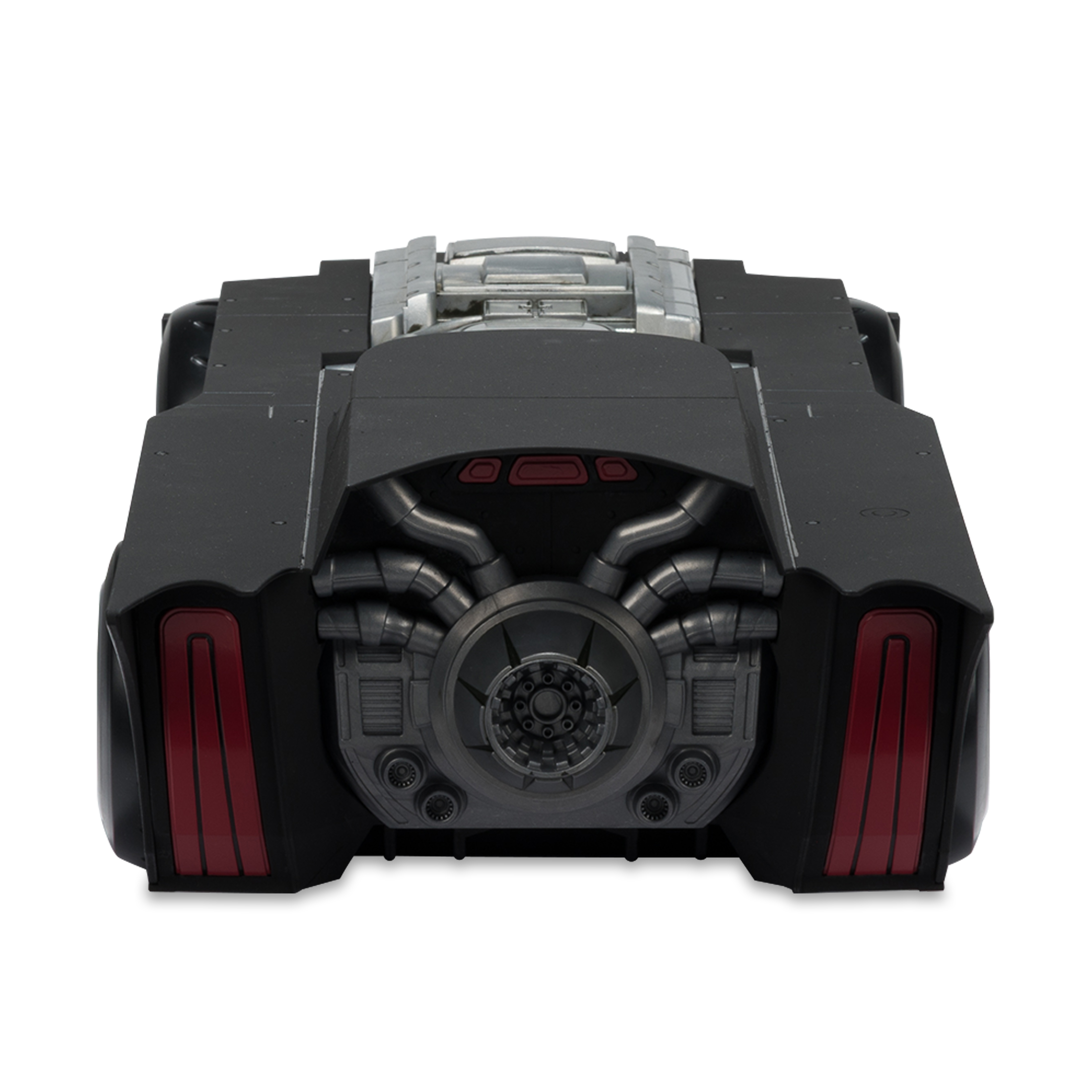 Ein schwarzes Spielzeugauto mit roten Rückleuchten, mit komplexem Heckdesign, vor weißem Hintergrund.