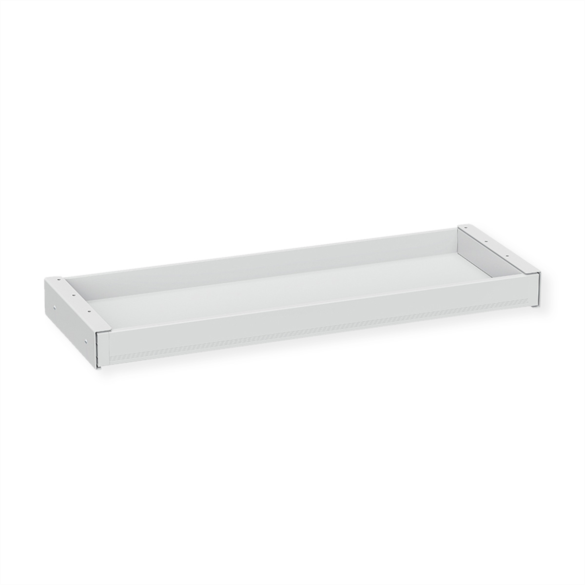 Un oggetto bianco rettangolare a forma di vassoio. Ha lati rialzati e un fondo piatto. Lo sfondo è bianco.