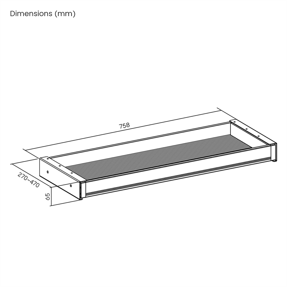 Un disegno di un vassoio rettangolare con dimensioni in mm. Mostra la lunghezza, la larghezza e l'altezza del vassoio.