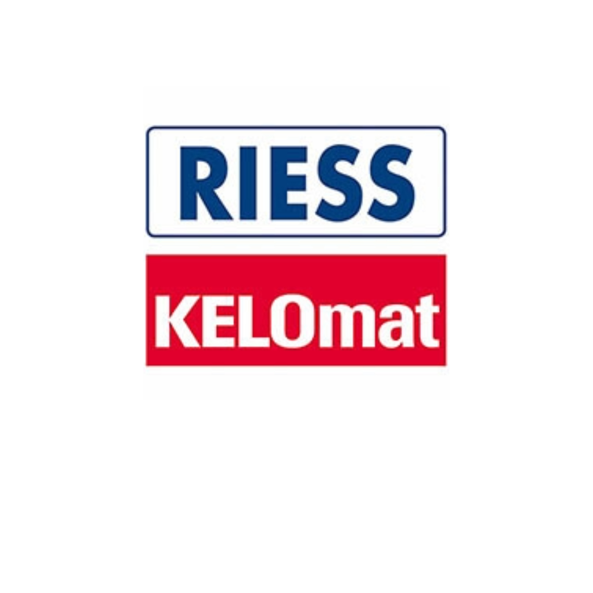 Logo mit zwei Rechtecken: oben blau, Text 'RIESS'; unten rot, Text 'KELOmat'.