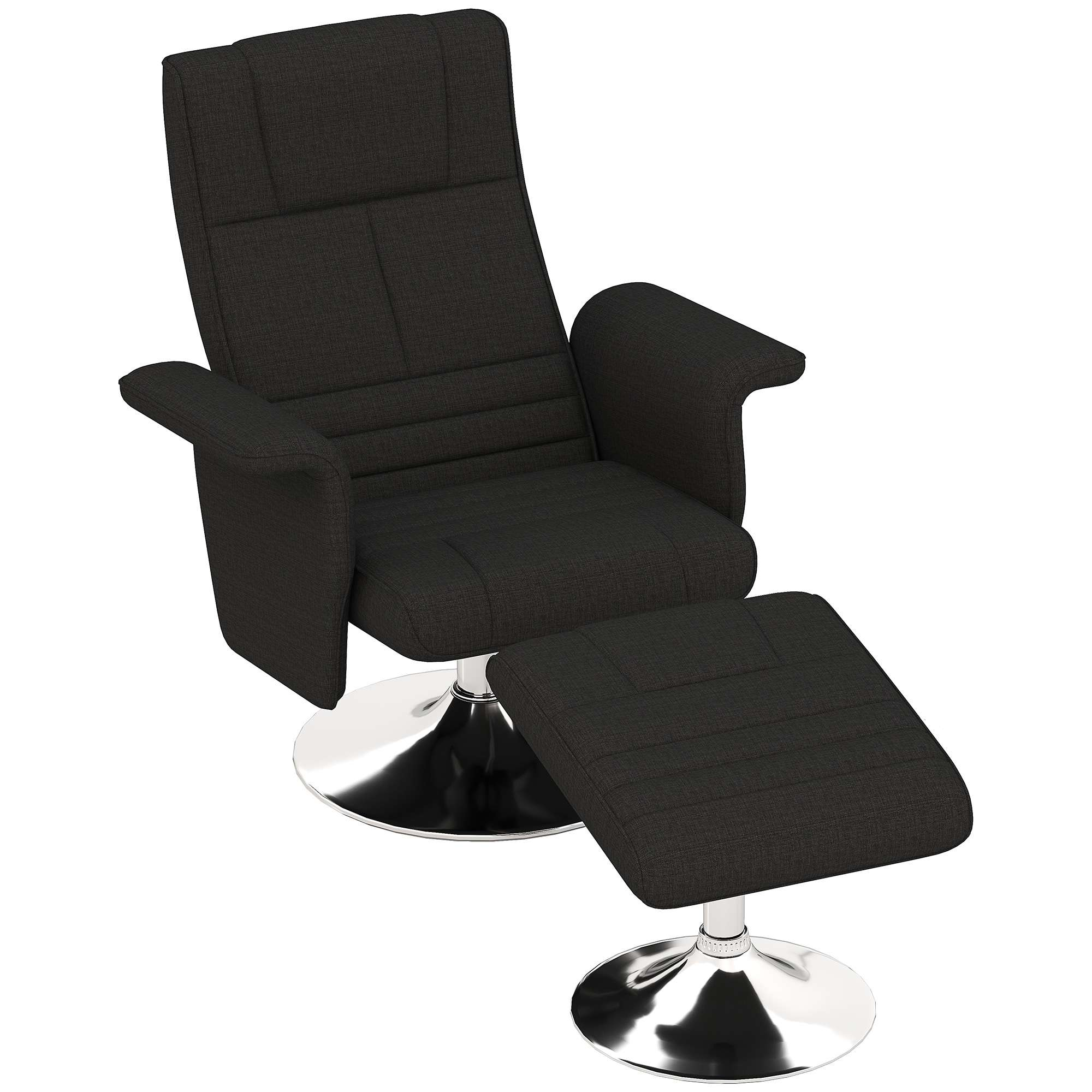 Ein schwarzer Relaxsessel mit passendem Hocker. Beide haben silberne Basen. Der Stuhl ist aufrecht.