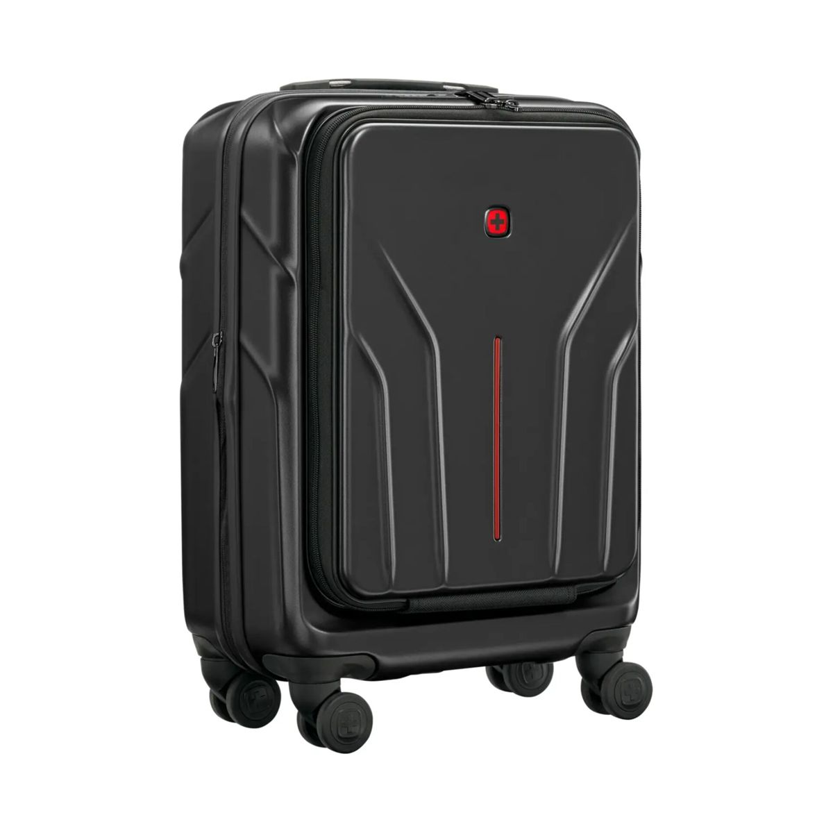 Valigia nera con striscia rossa e logo croce svizzera. Quattro ruote, chiusura con zip. Isolato su sfondo bianco.