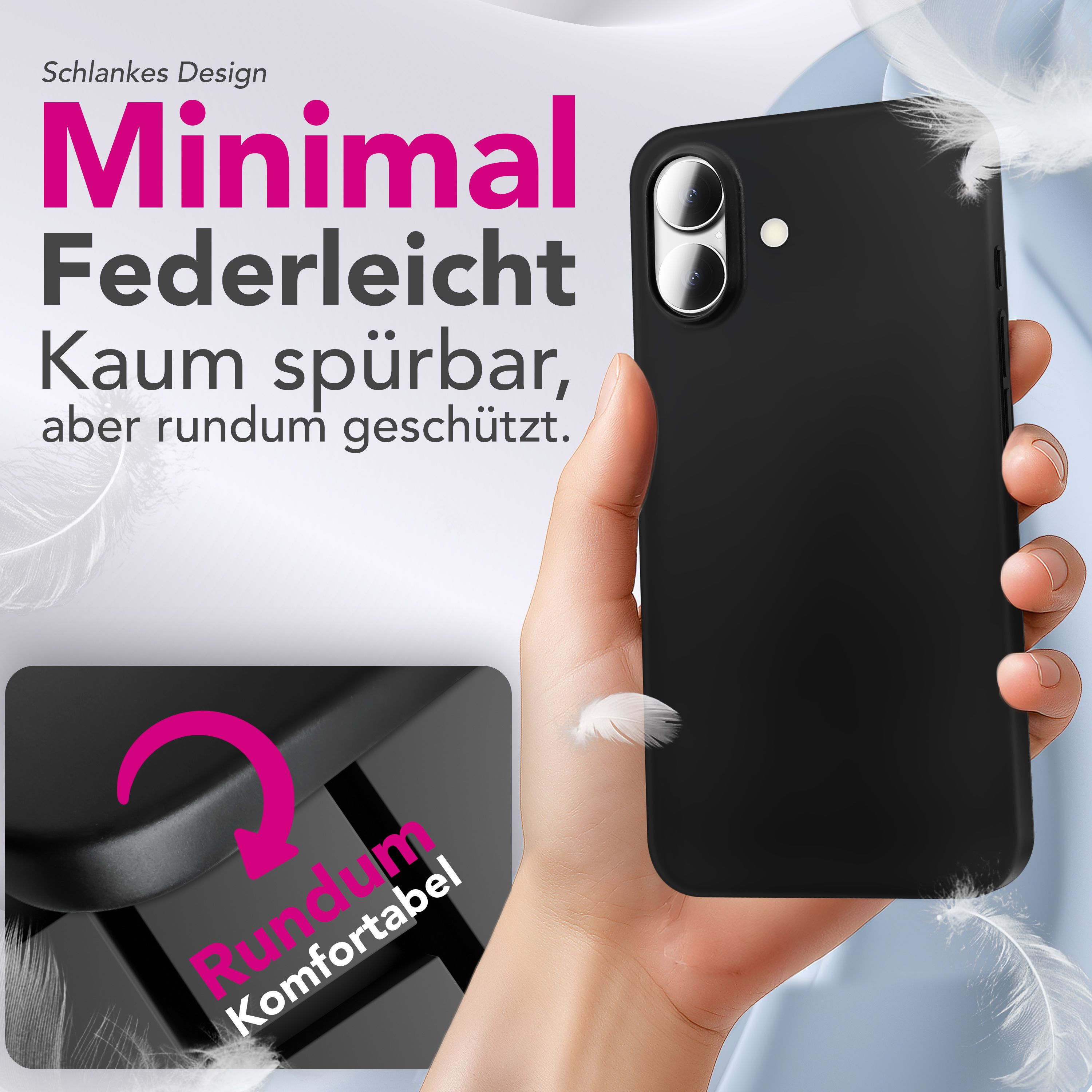 Eine Hand hält eine schwarze Handyhülle. Text in Pink und Schwarz wirbt für eine Handyhülle.