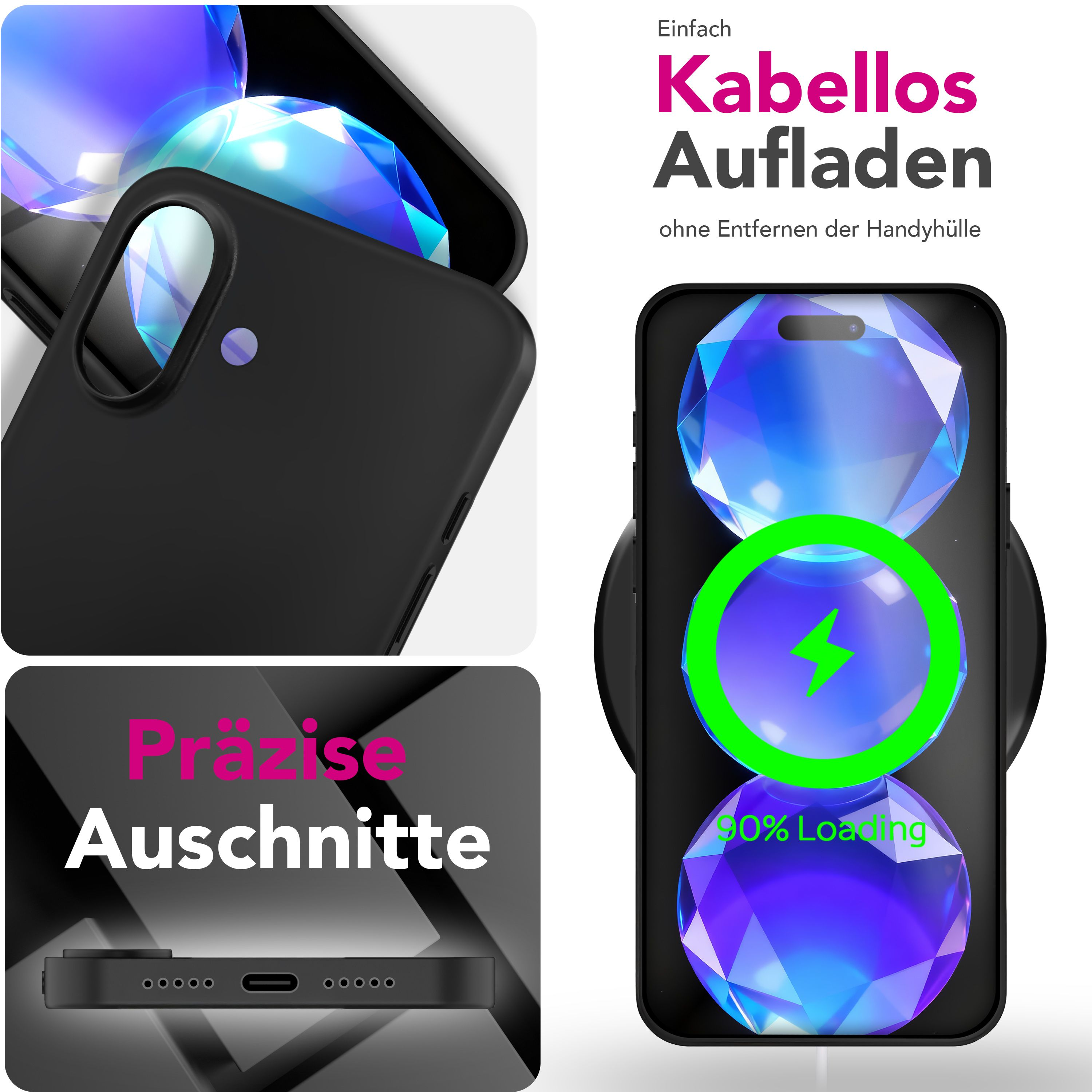 Schwarze Handyhülle mit einem ladenden Handy auf einem kabellosen Ladegerät. Text: Kabelloses Laden, und Präzise Auschnitte.