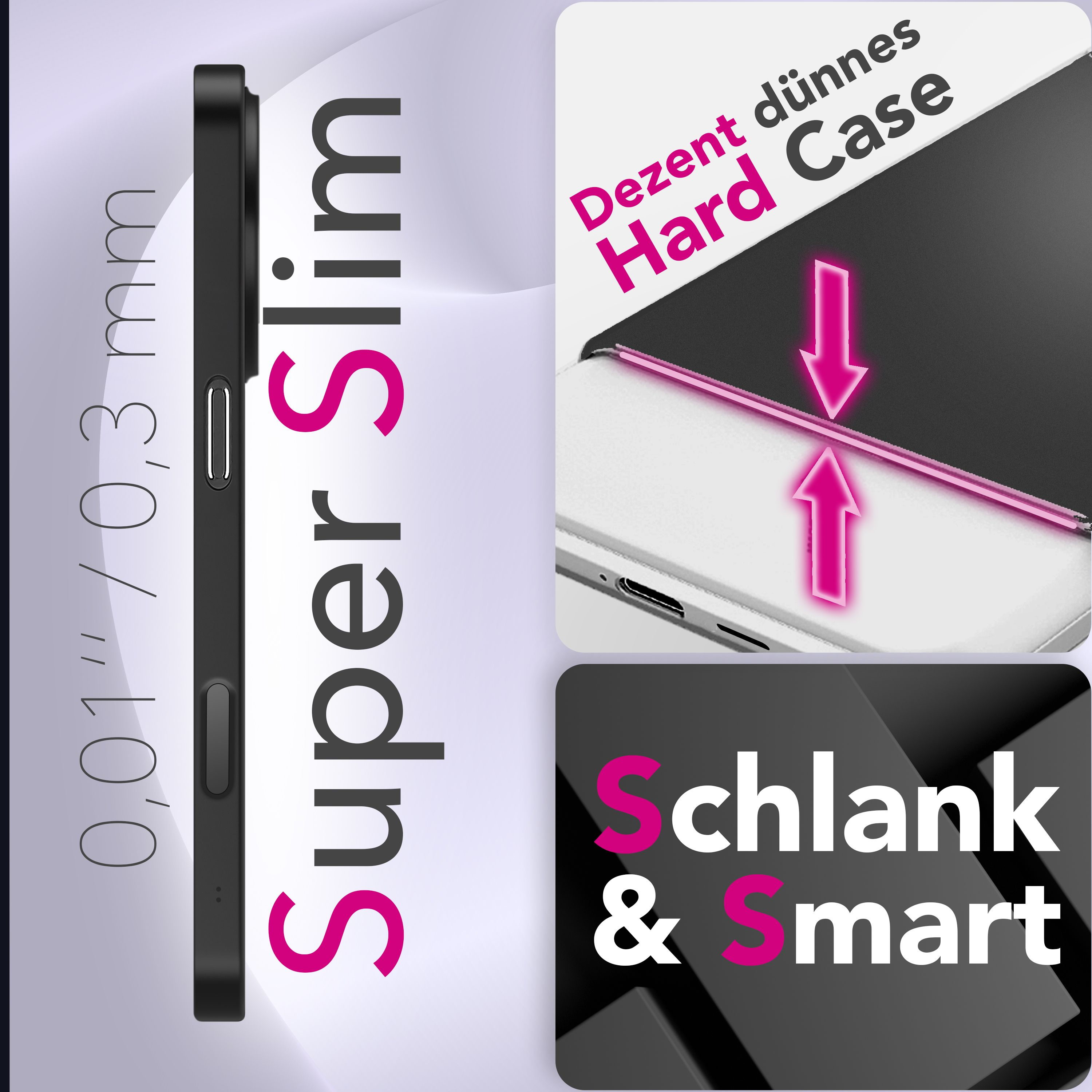 Das Bild zeigt eine Handyhülle mit den Texten 'Super Slim' und 'Hard Case' sowie 'Slim & Smart'. Farben sind Schwarz, Weiß und Pink.