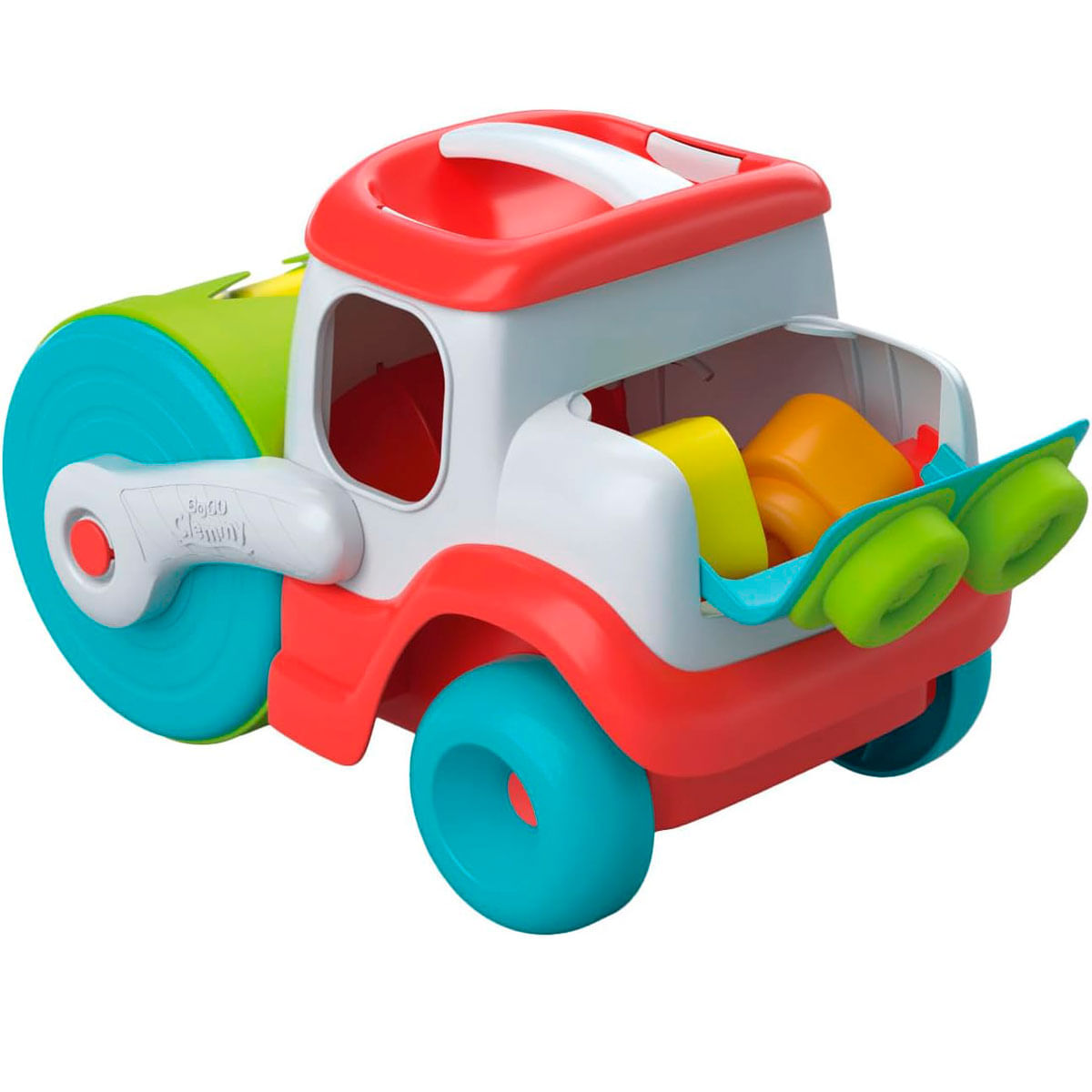 Ein buntes Spielzeugauto mit rotem, weißem und blauem Design. Es hat eine Walze, Räder und eine Ladefläche mit Formen.