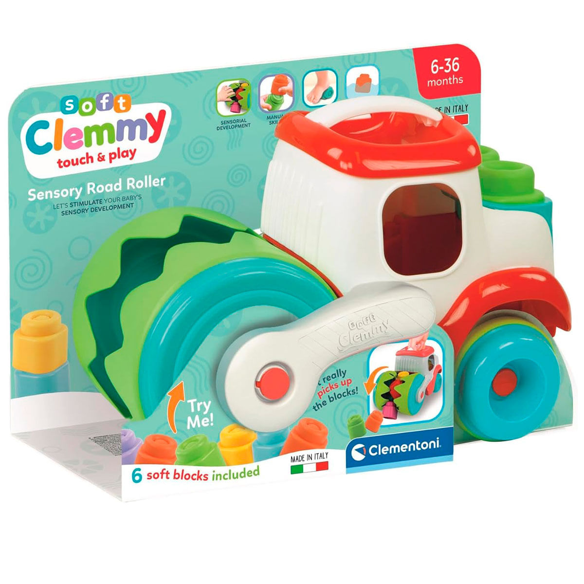 Ein Clemmy-Spielzeug, Sensory Road Roller, hat eine weiß-rote Kabine. Es hat eine grüne Walze und enthält bunte Blöcke. Die Verpackung zeigt es.
