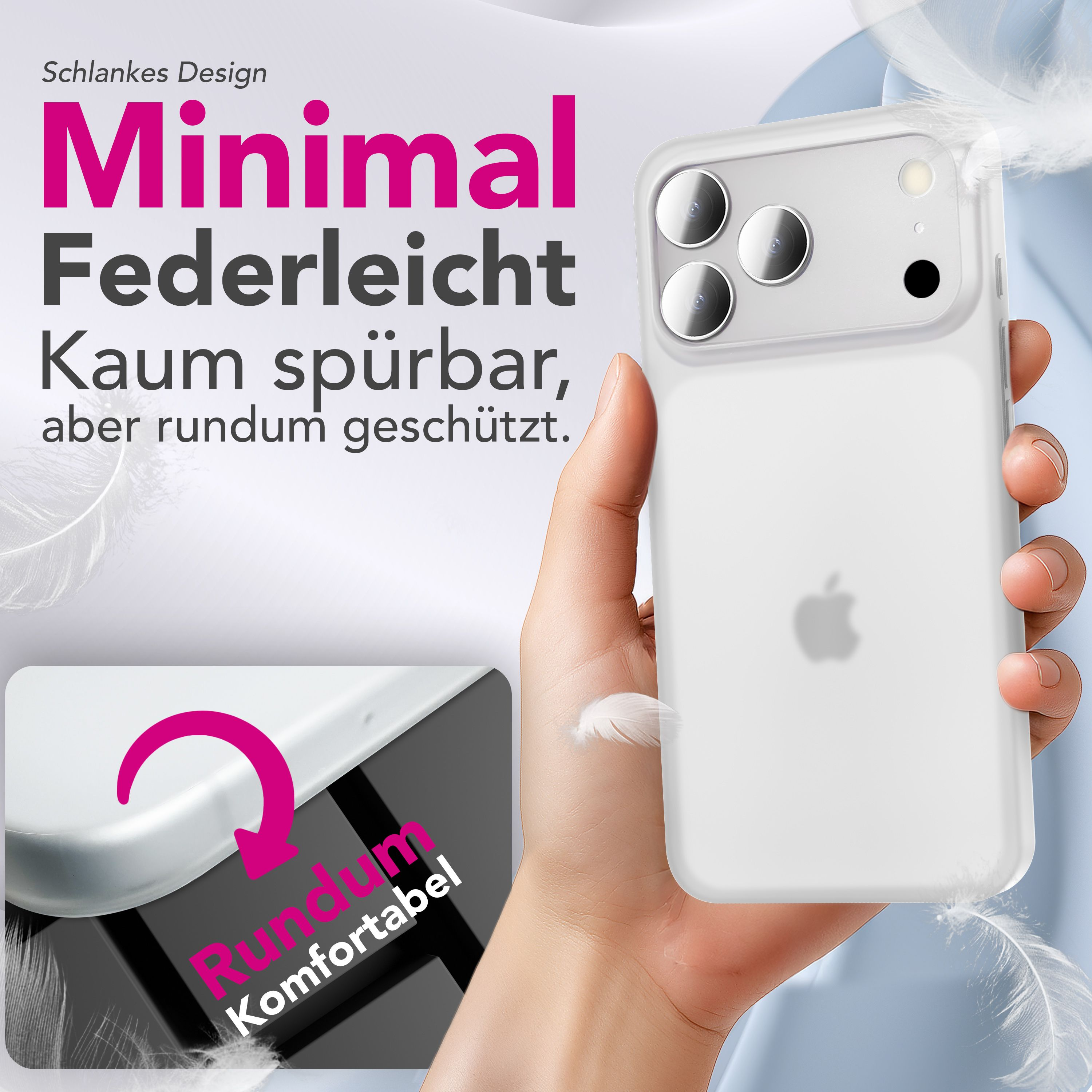 Eine Hand, die eine weiße Handyhülle hält. Der Text auf Deutsch wirbt für ein schlankes Design und Schutz, mit Federn.