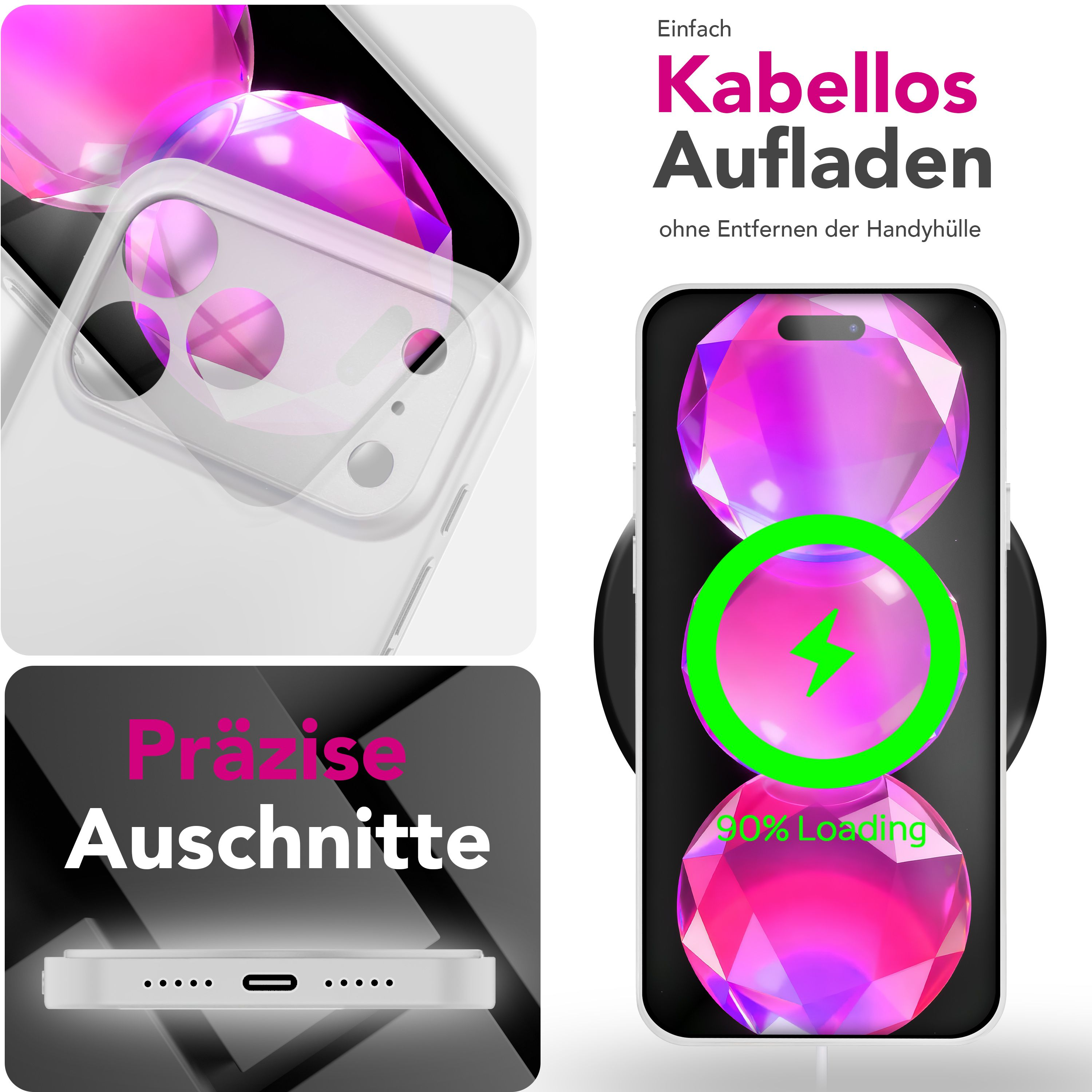 Ein Telefon, das auf einem kabellosen Ladegerät aufgeladen wird. Der Telefonbildschirm zeigt ein Ladesymbol und einen Prozentsatz.