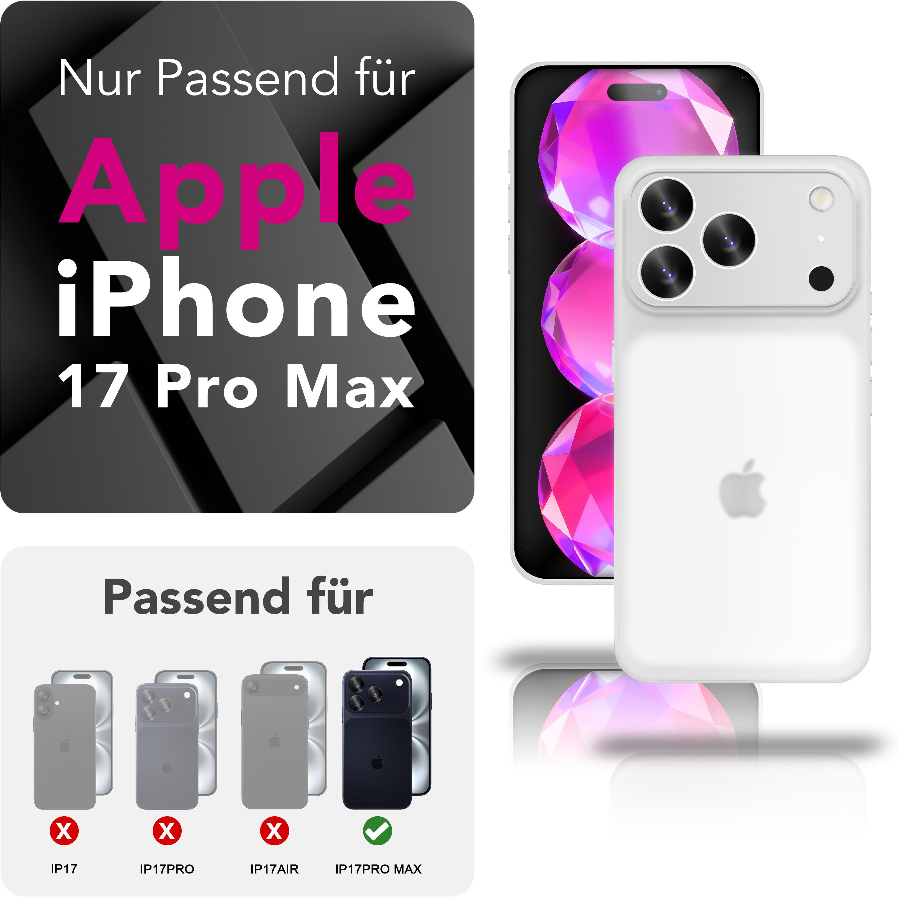 Bild zeigt eine iPhone 17 Pro Max Hülle. Text sagt 'Nur passend für Apple iPhone 17 Pro Max'.