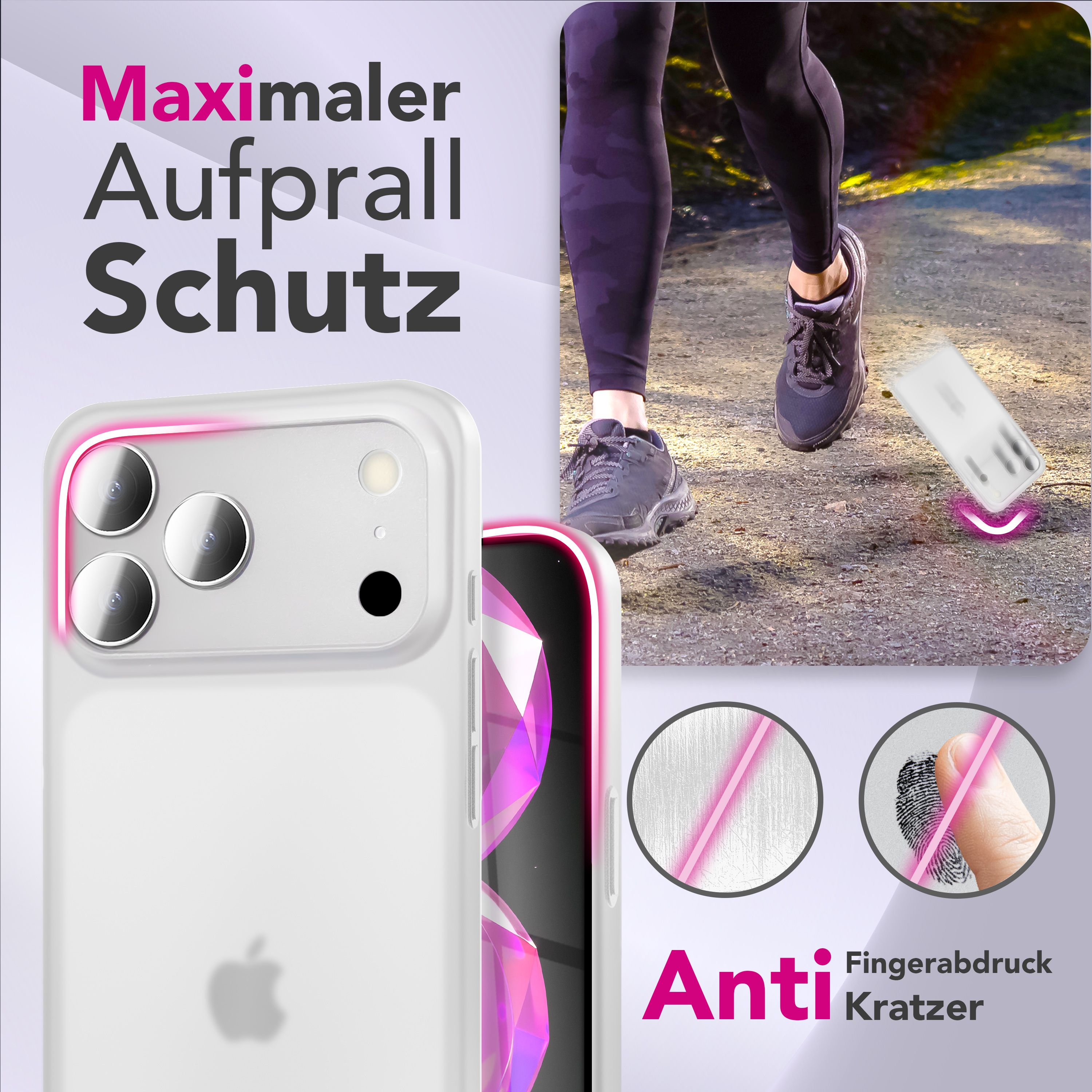 Das Bild zeigt eine Handyhülle mit einem Läufer im Hintergrund. Der Text lautet 'Maximaler Aufprall Schutz' und 'Anti Fingerabdruck Kratzer'.