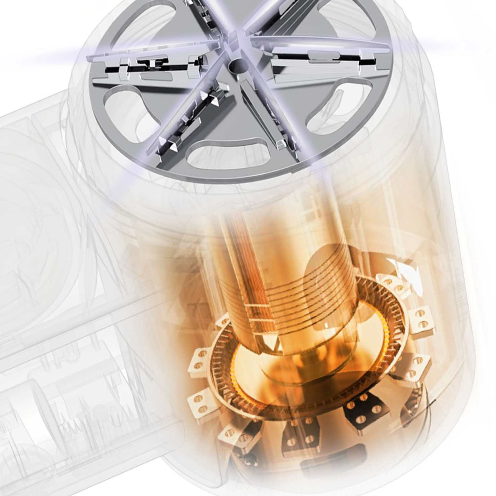 Detaillierte Darstellung des Scherkopfs eines Elektrorasierers, mit Klingen und Innenteilen in transparent.